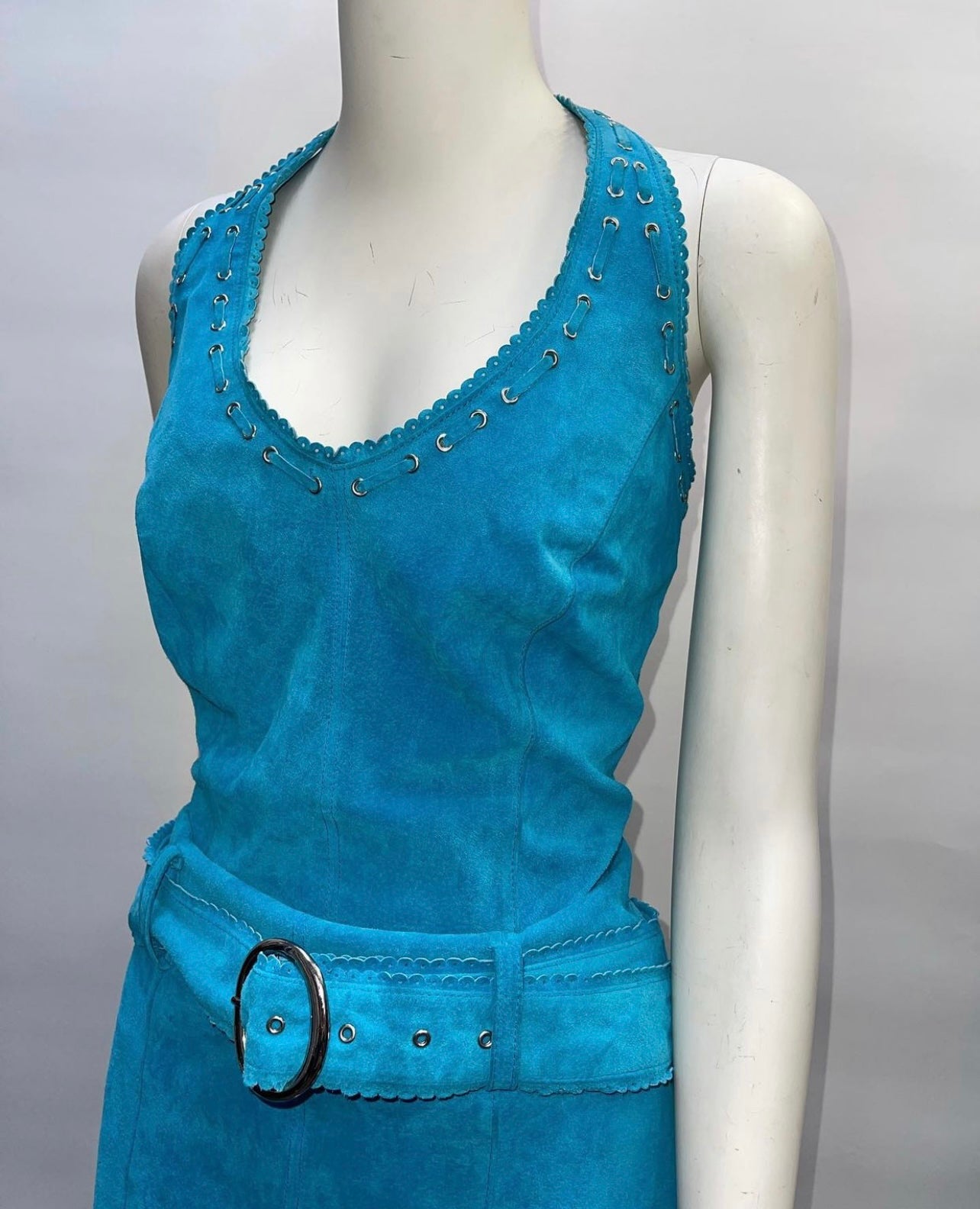 Vintage Teal Suede Leather Mini Dress(Sz 8)
