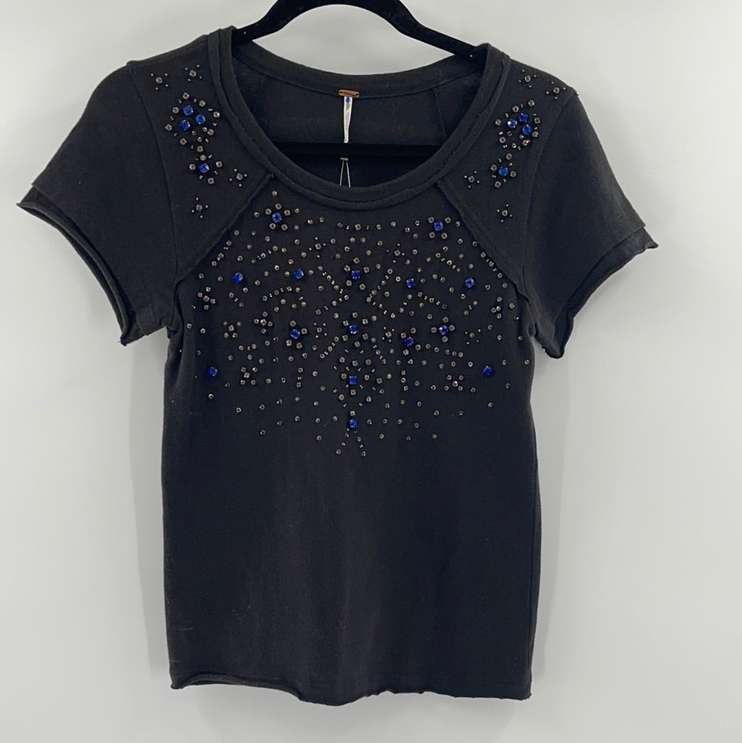 Free People Black Short Sleeve T-Shirt With Sequin and Rhinestone Embellishments (Size S)