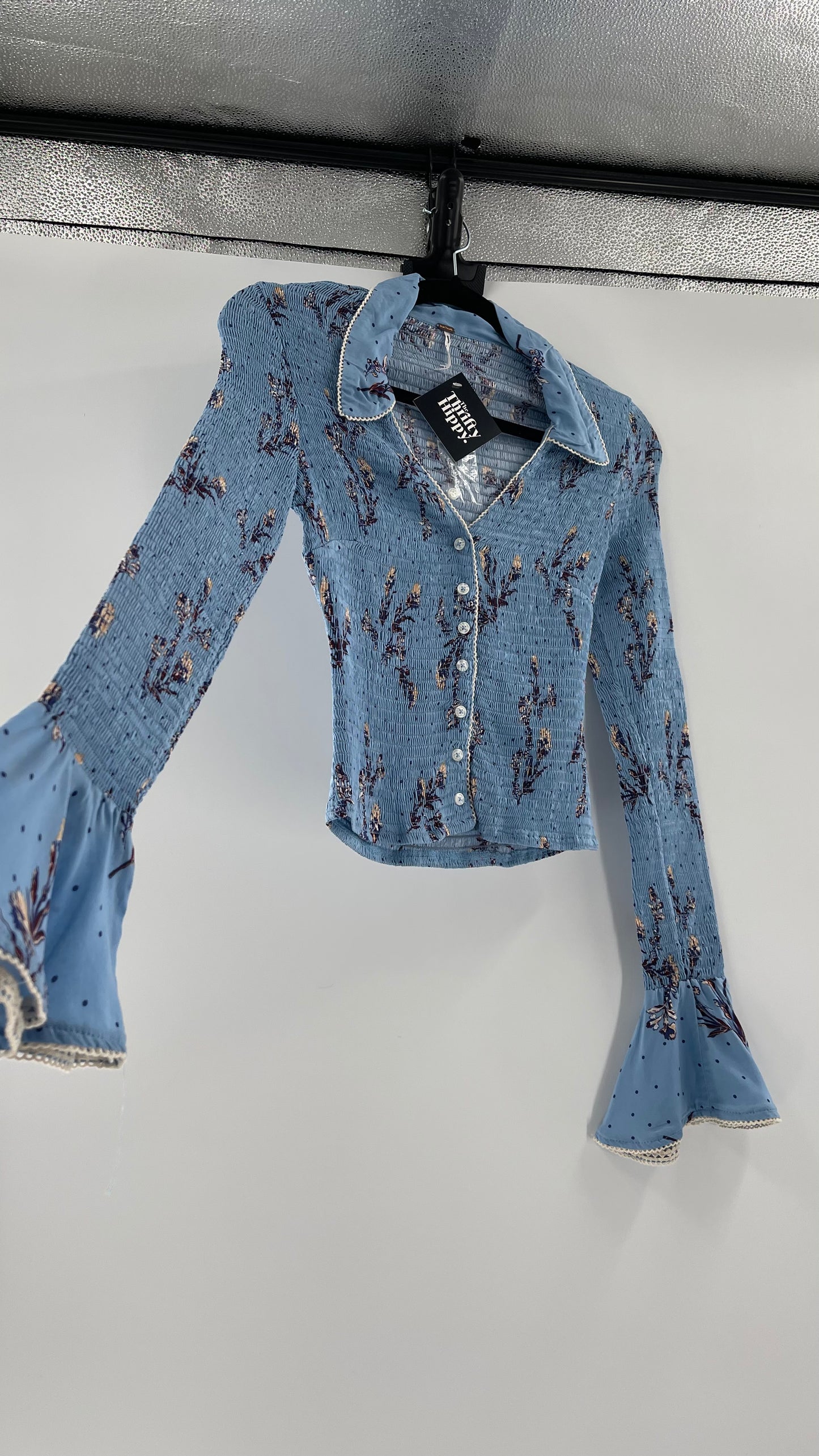 Free People Powder Blue Smocked, Collared, Bell Sleeved, Button Up (XS)