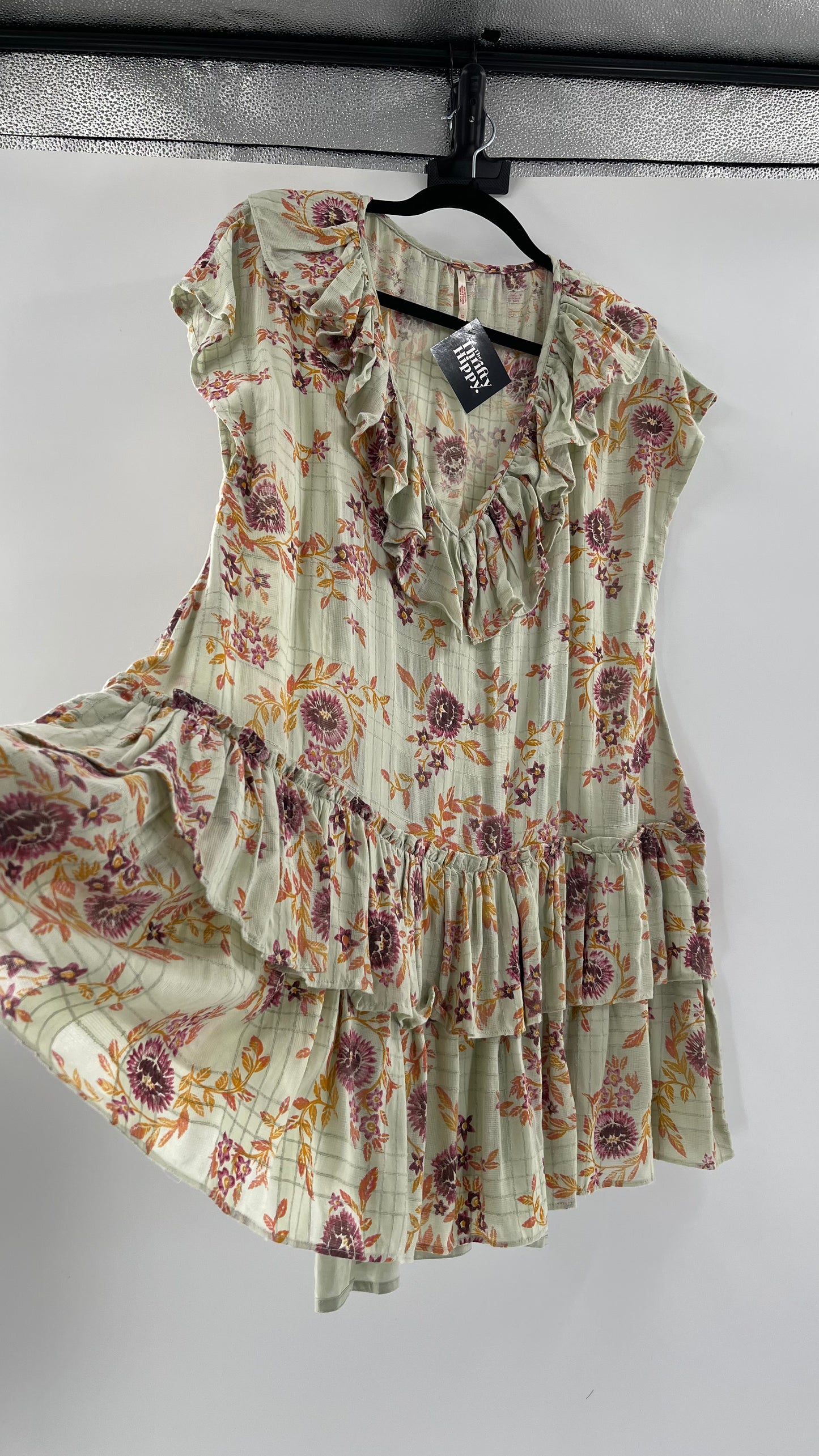 Free People Luna Mint Toned Tiered Floral Mini (XS)