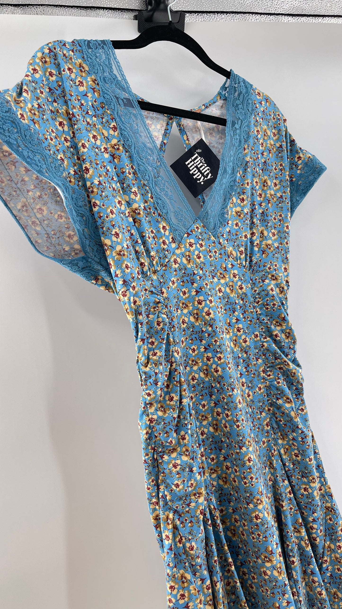 Free People Sweet Talker Blue Floral Ruched Mini Dress (Medium)