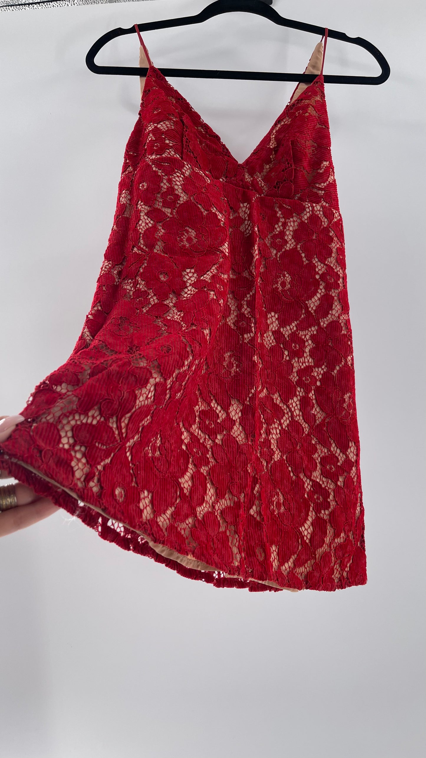 Free People Red Corduroy Lace Over Nude Underlay Sleeveless Mini Dress (Size 0)