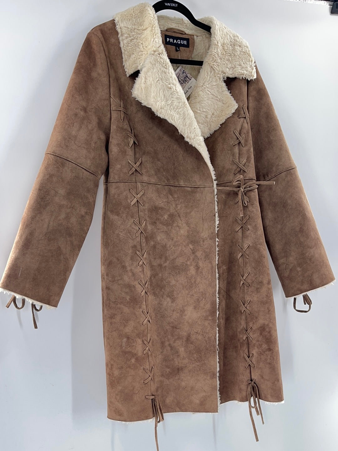 Prague Faux Brown Suede Shearling Lining Lace Up Detail on Sleeves and Front of Coat (Size Large)