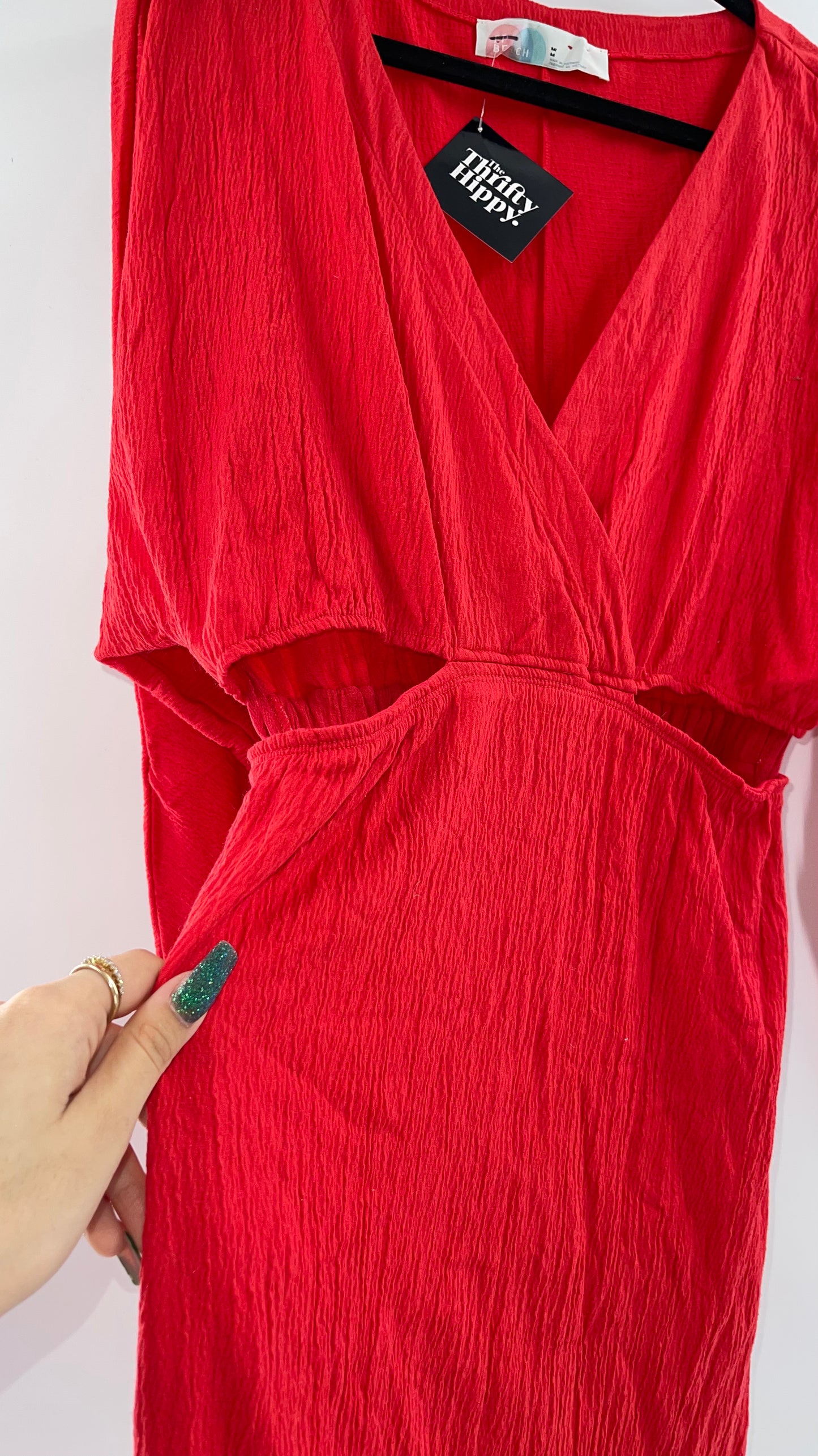 Free People Red Long Sleeve Mini Dress with Cut Outs (Medium)