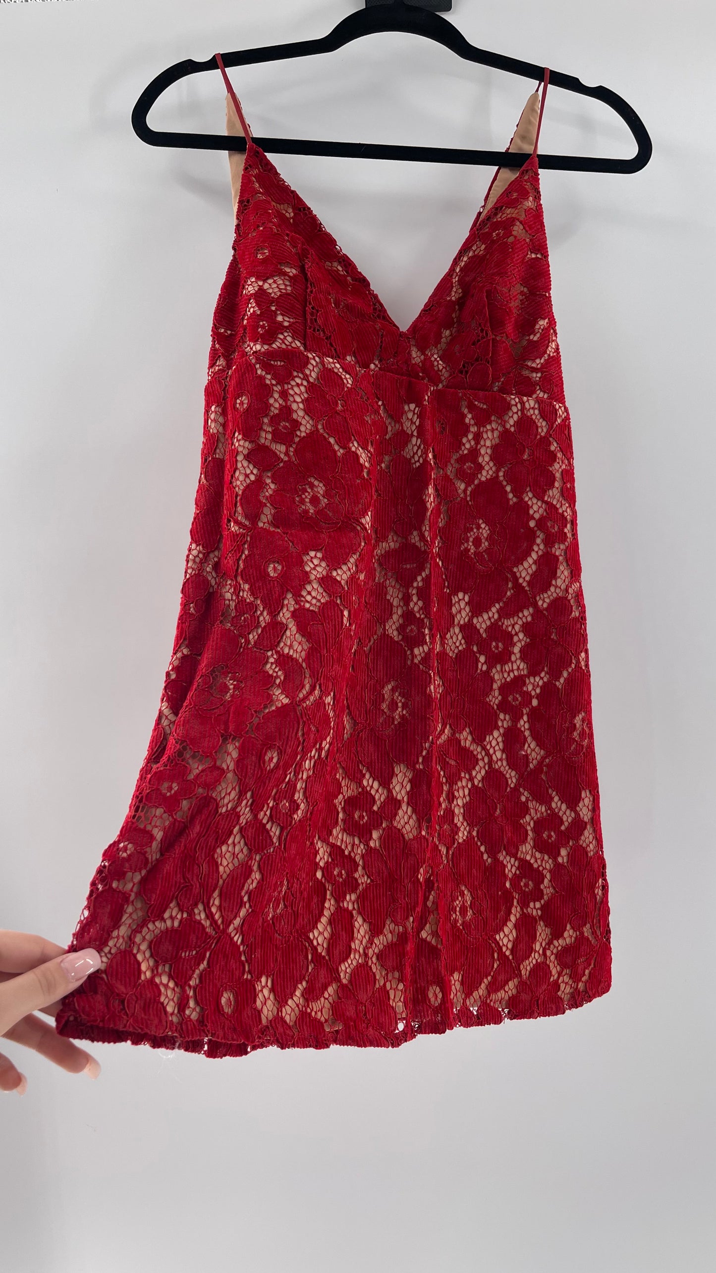Free People Red Corduroy Lace Over Nude Underlay Sleeveless Mini Dress (Size 0)