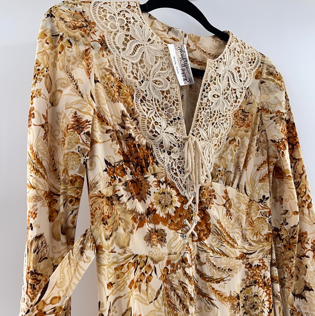 Genuine 70's Prairie Yellow Flower Patterned Midi Dress (Vintage Size 9/XS)