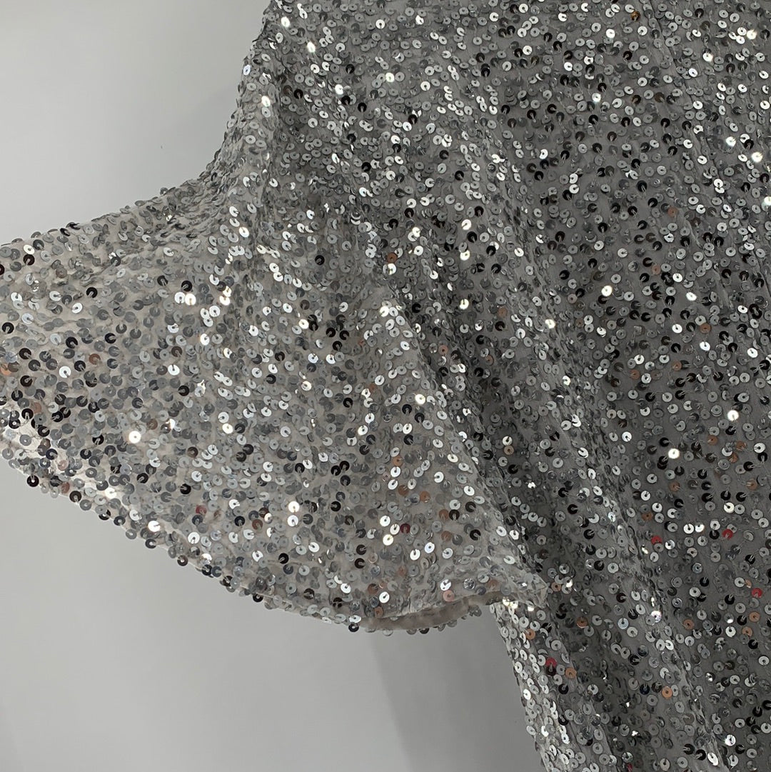 Free People Jens Pirate Booty Short Sleeve Silver Sequin Mini Dress with Dark Silver Sequin Hem (Size M)