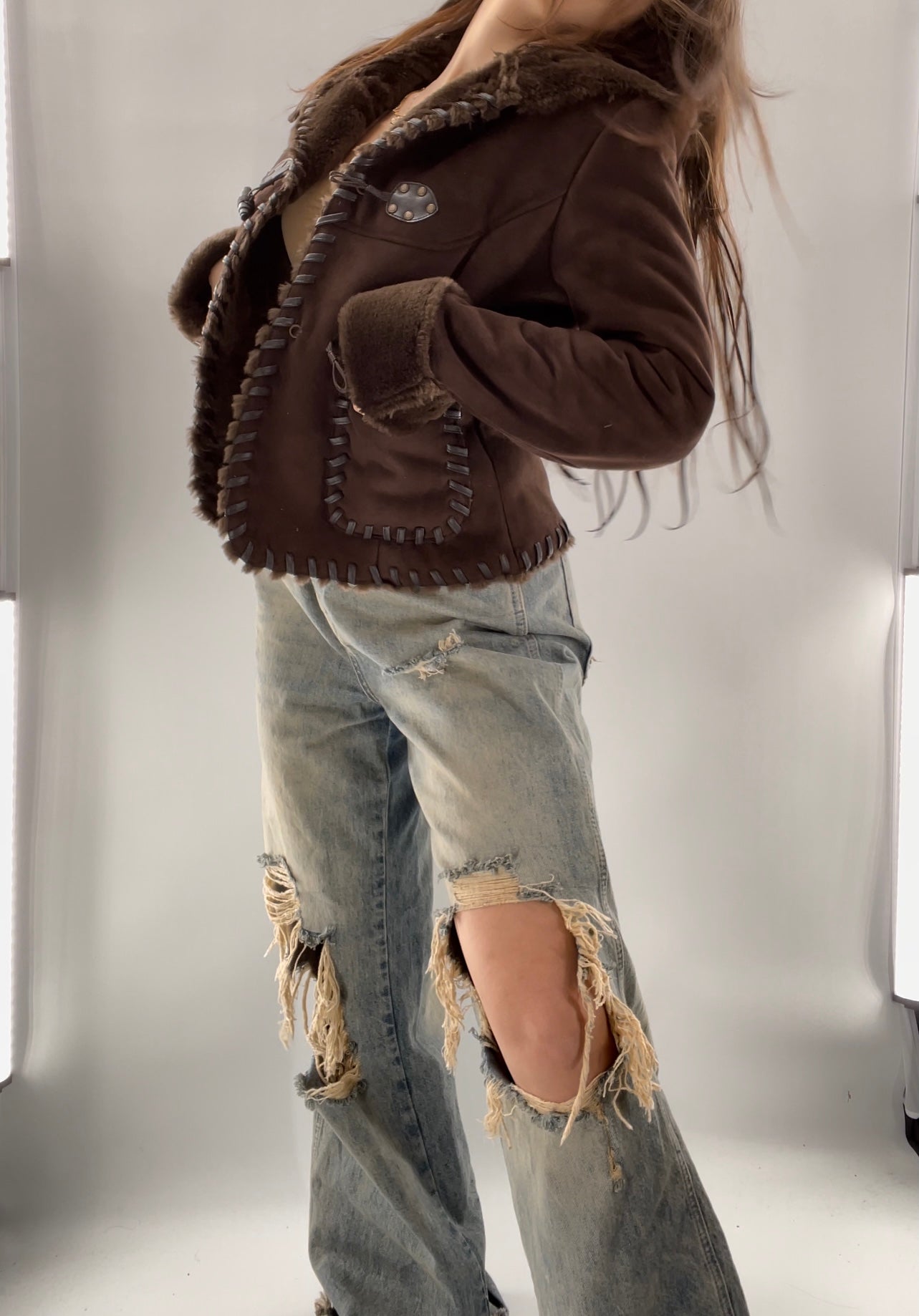 Via Spiga Vintage Faux Suede and Fur Trim Jacket (Small)
