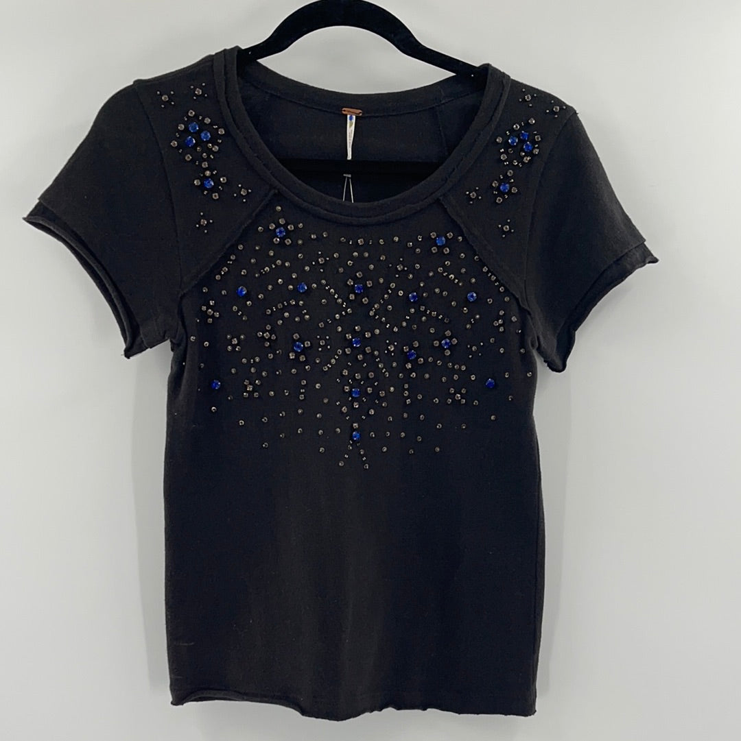Free People Black Short Sleeve T-Shirt With Sequin and Rhinestone Embellishments (Size S)