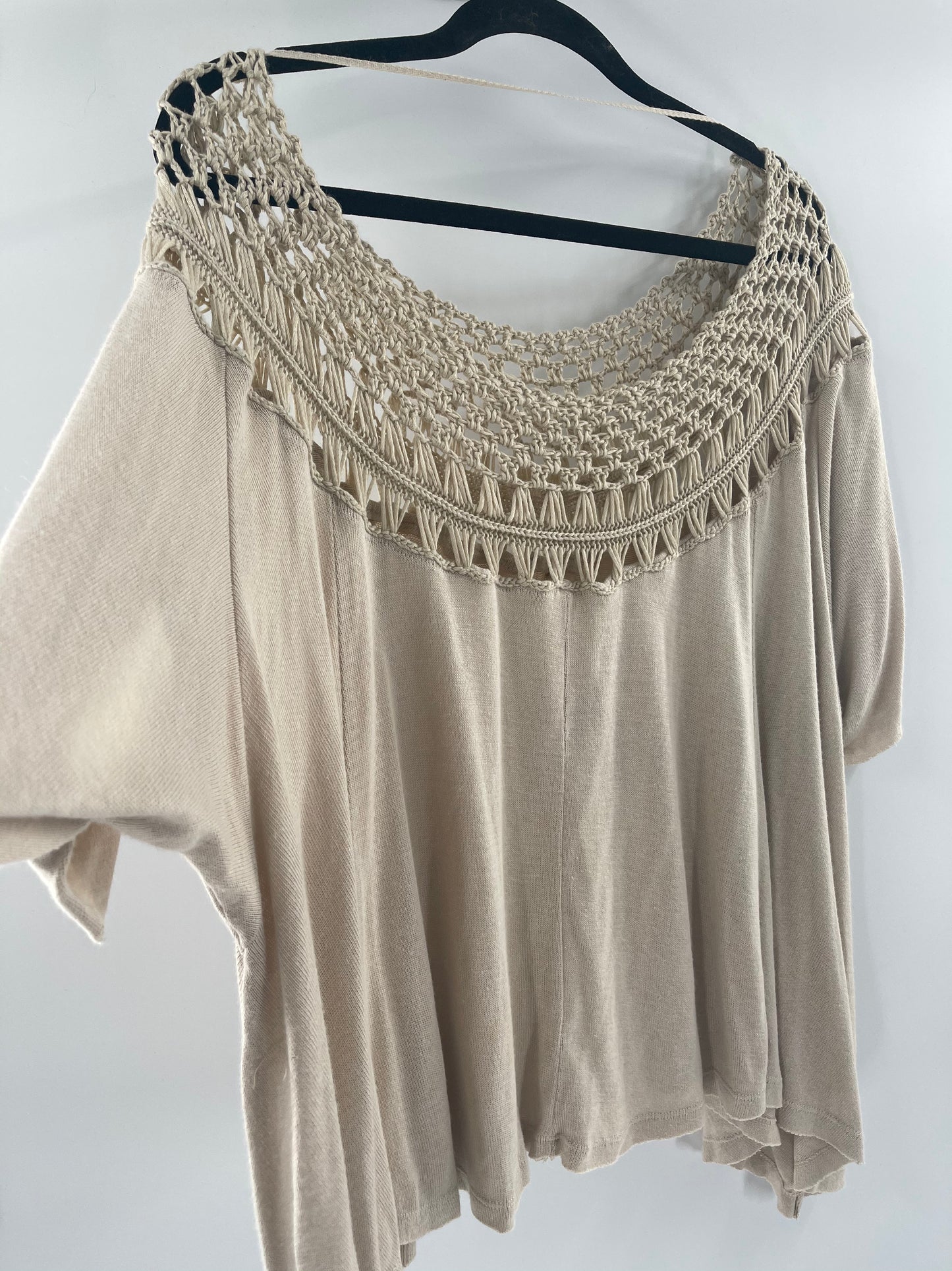 Free People - We The Free - Short Sleeve Light Beige Top with Crochet and Macrame Details on Neckline (Size XL)
