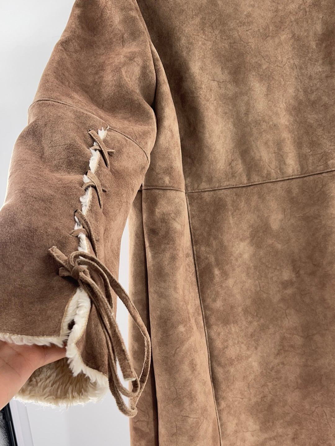 Prague Faux Brown Suede Shearling Lining Lace Up Detail on Sleeves and Front of Coat (Size Large)