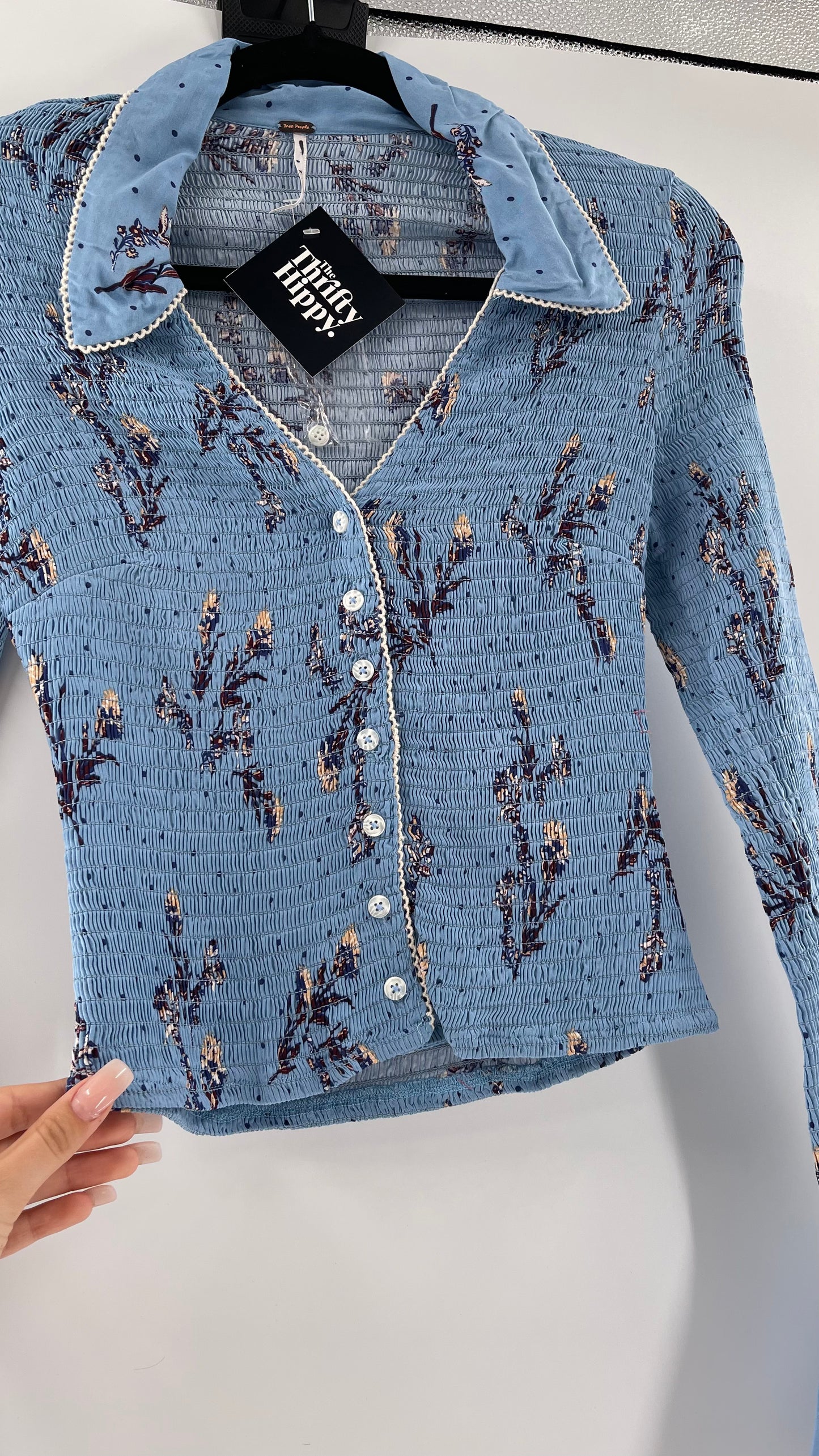 Free People Powder Blue Smocked, Collared, Bell Sleeved, Button Up (XS)