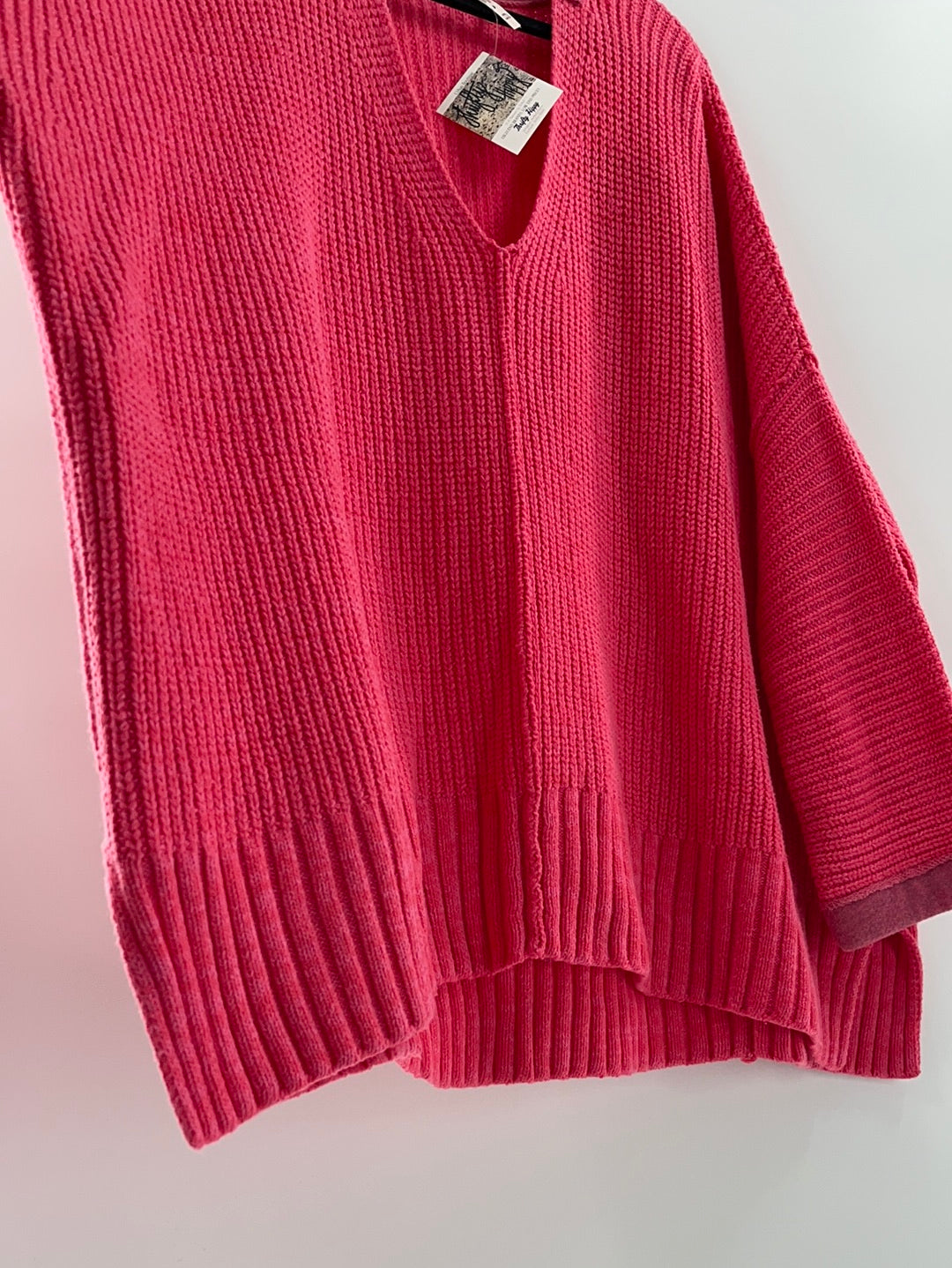 Free People Bright Pink Oversized Sweater V Neck ( Size Medium/Large)
