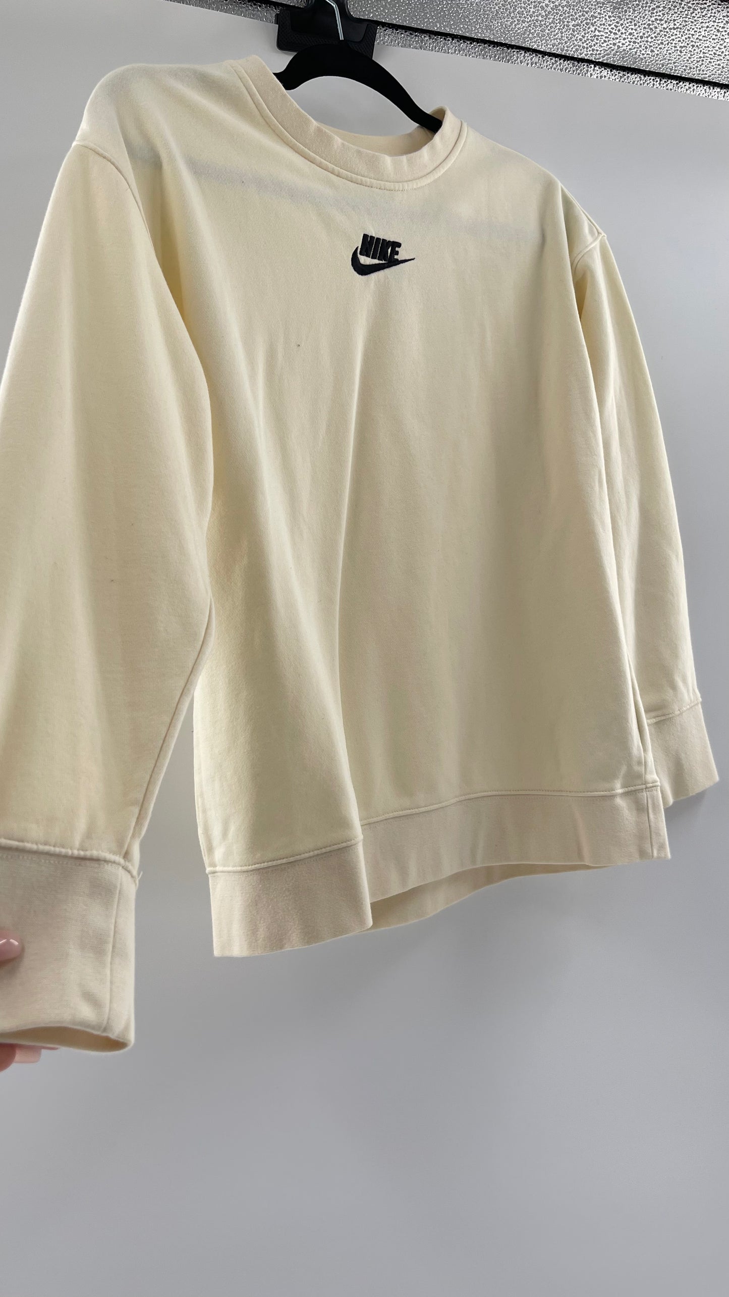 Cream Nike Crewneck with Minimalist Black Chest Logo (Large)