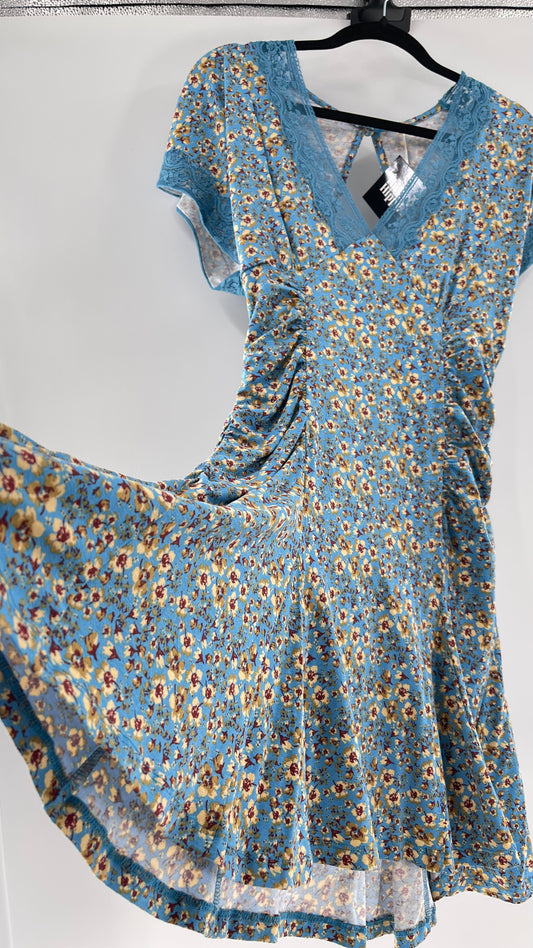 Free People Sweet Talker Blue Floral Ruched Mini Dress (Medium)