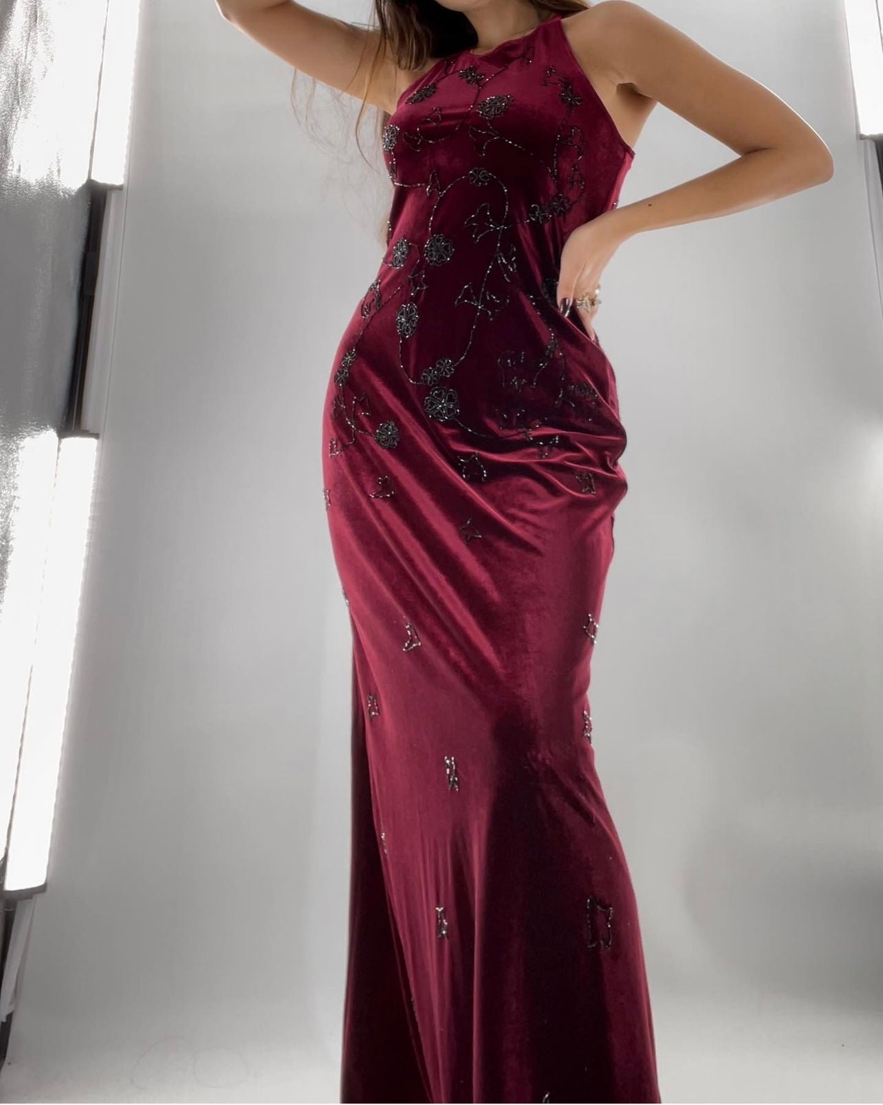 Red Velvet Vampirella Gown with Black Beading (8)