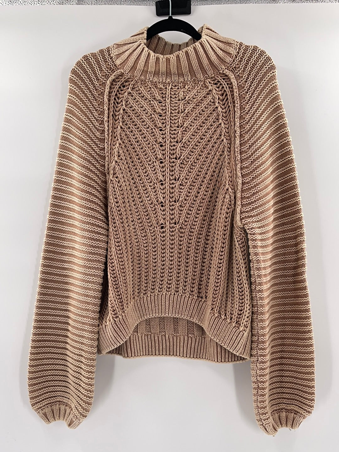 Free People Sweetheart Sweater Chunky Rib Knit Mock Neck Pullover Tan (Size Medium)