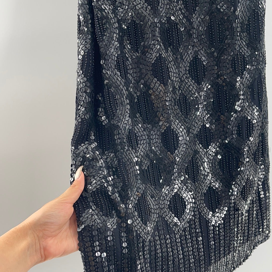 Vintage Scala Sequin with Beaded Embellishments Black Sleeveless Mini Dress (Size 6)