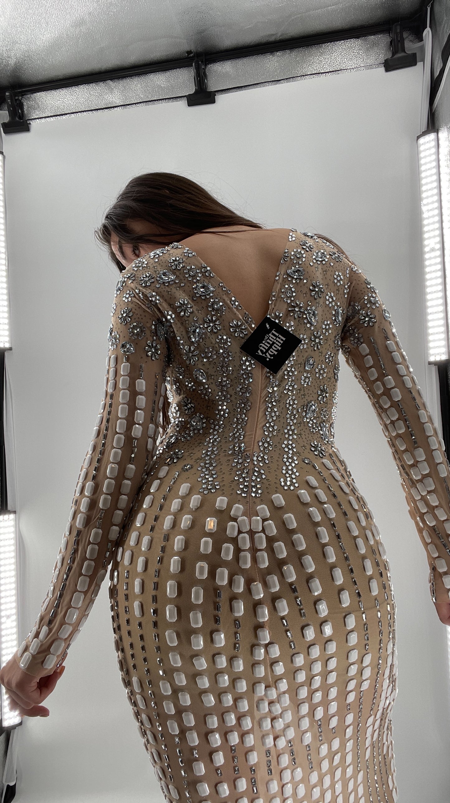 Modified Floor Length Gown Nude Underlay with Crystals and White Jewels (Medium)