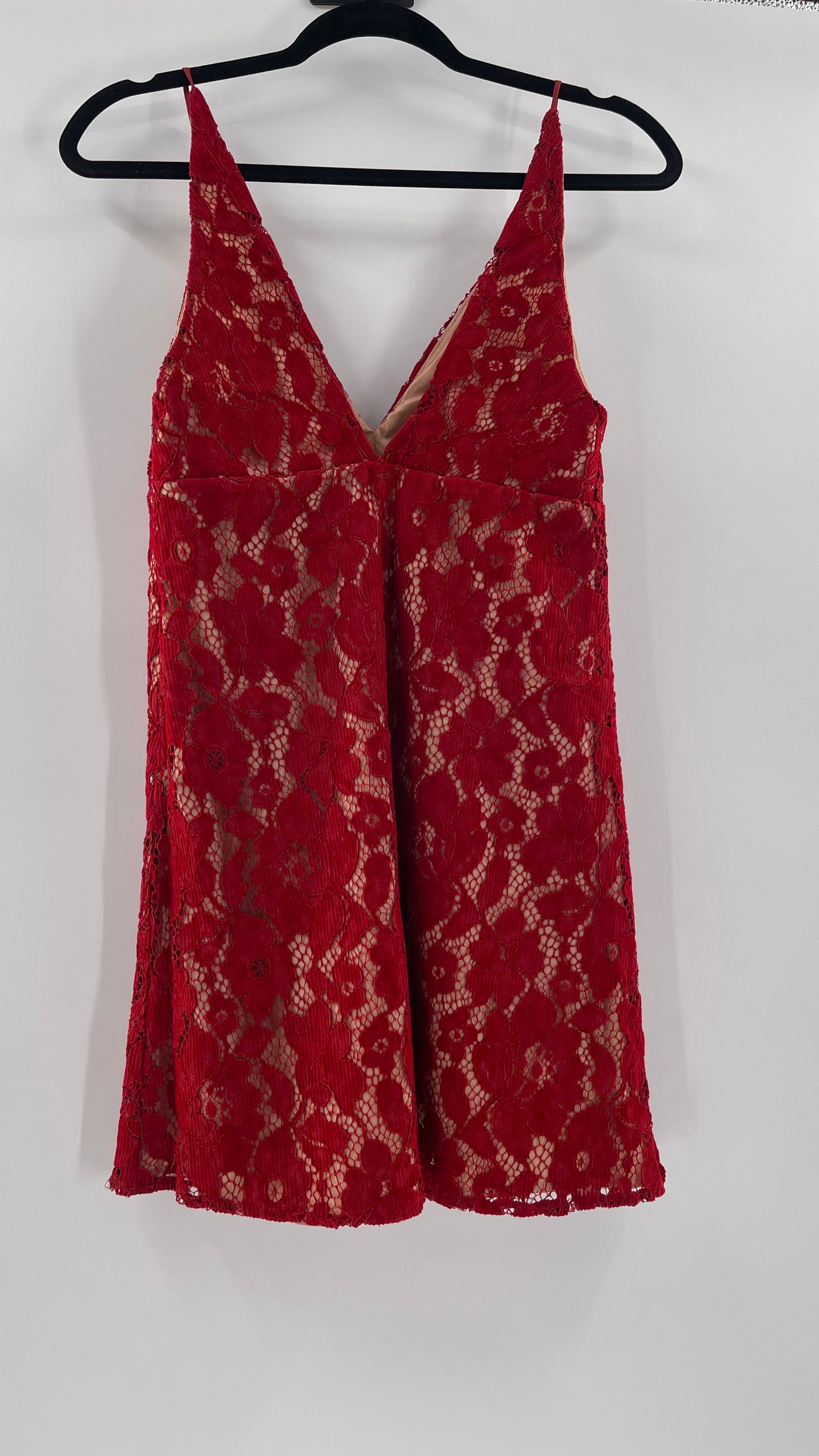 Free People Red Corduroy Lace Over Nude Underlay Sleeveless Mini Dress (Size 0)