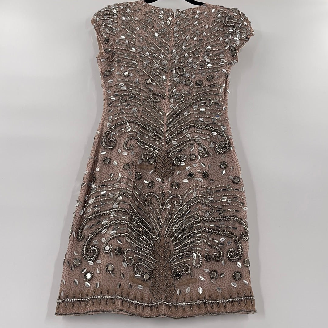 Parker Black Beige Beaded Midi Dress (Size 2)