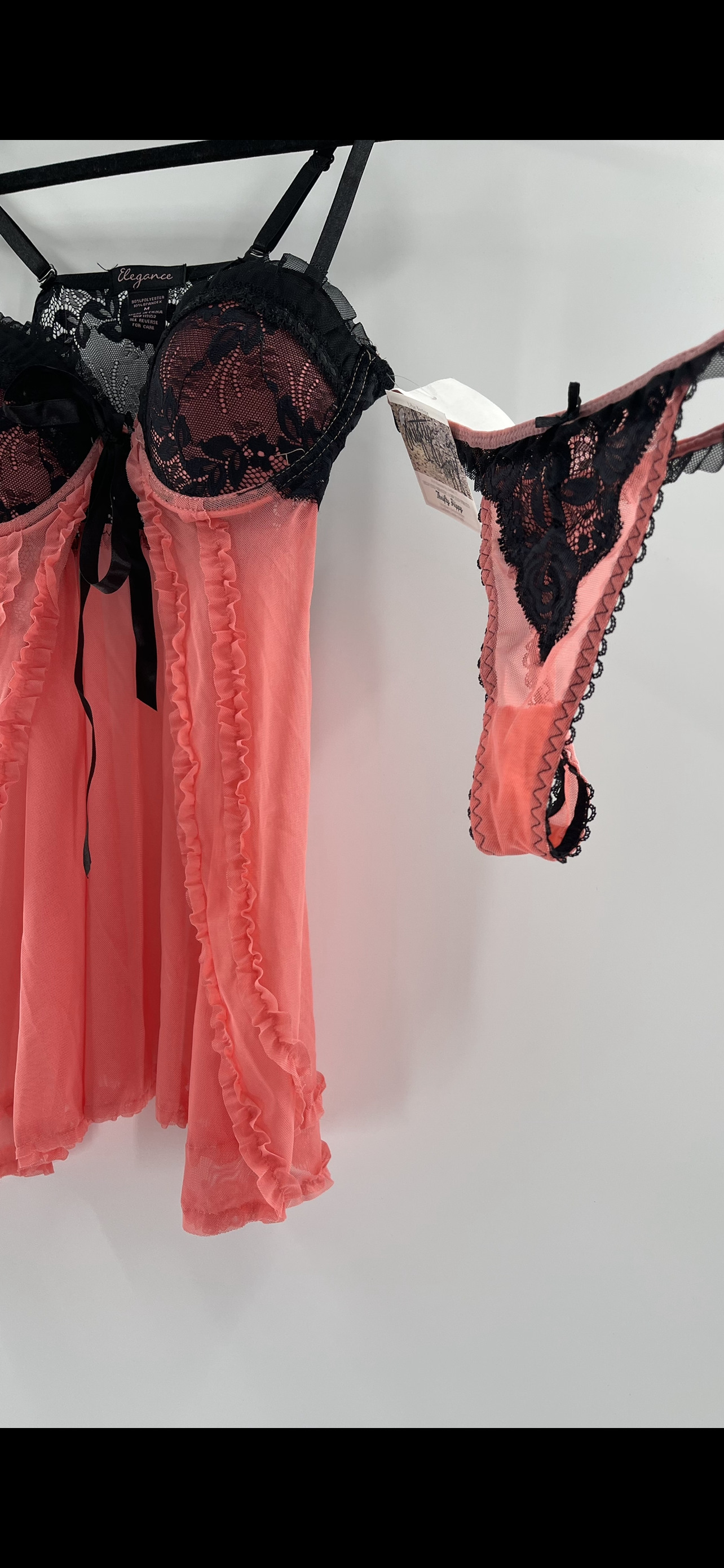Deadstock Vintage Black + Pink Vented Bustier + Thong Set (Medium)