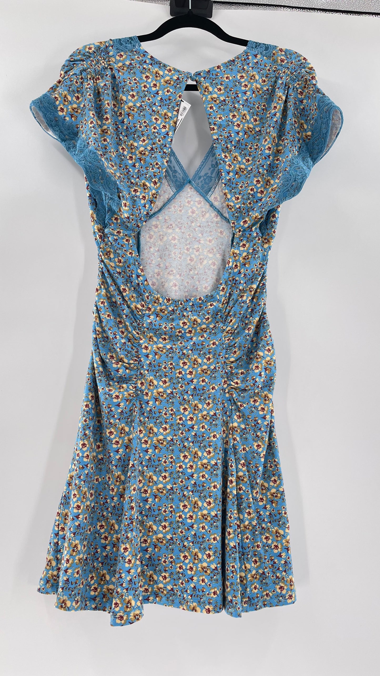 Free People Sweet Talker Blue Floral Ruched Mini Dress (Medium)
