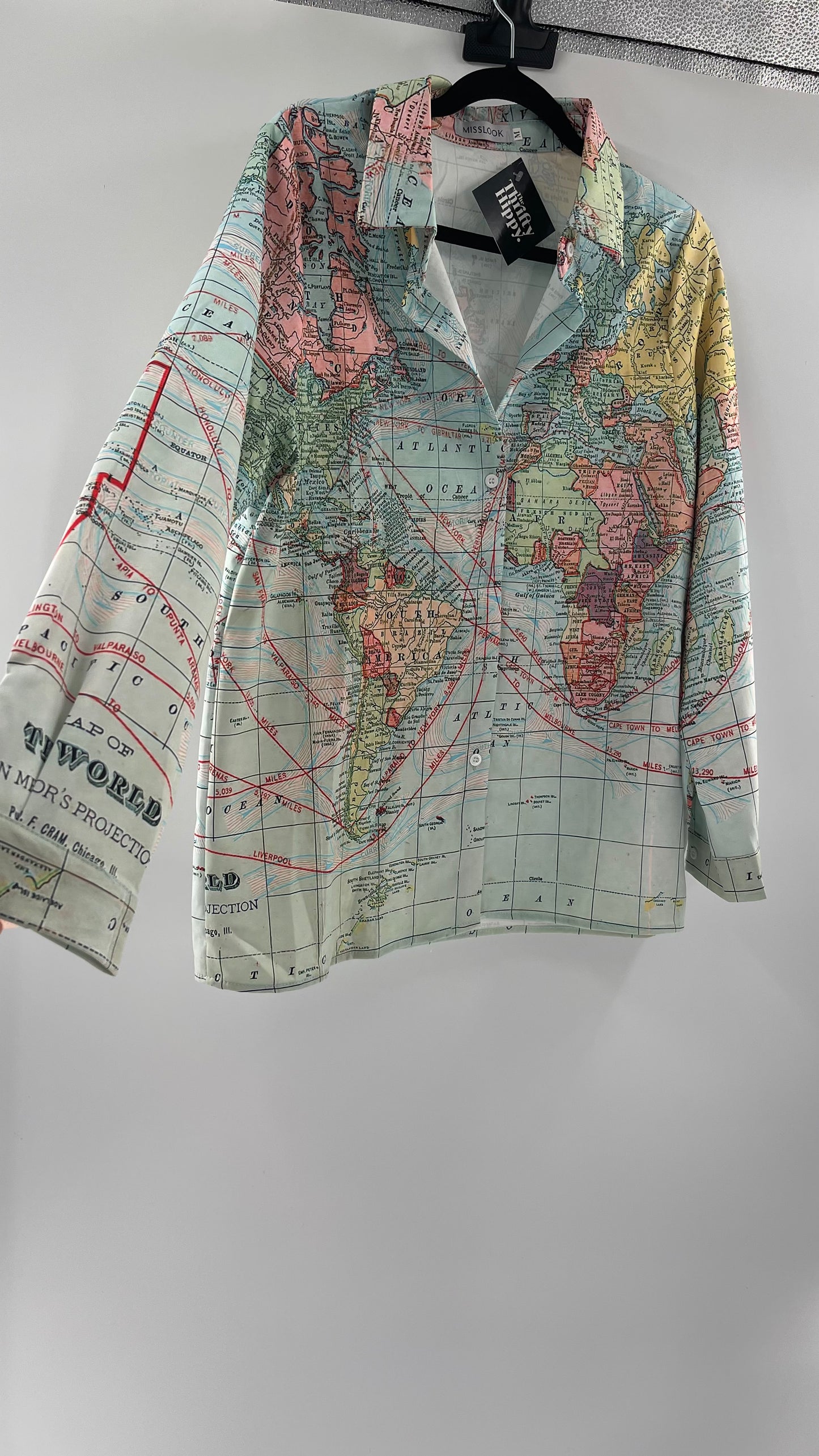 MISSLOOK Globe Map Long Sleeve Graphic Button Up (Medium)