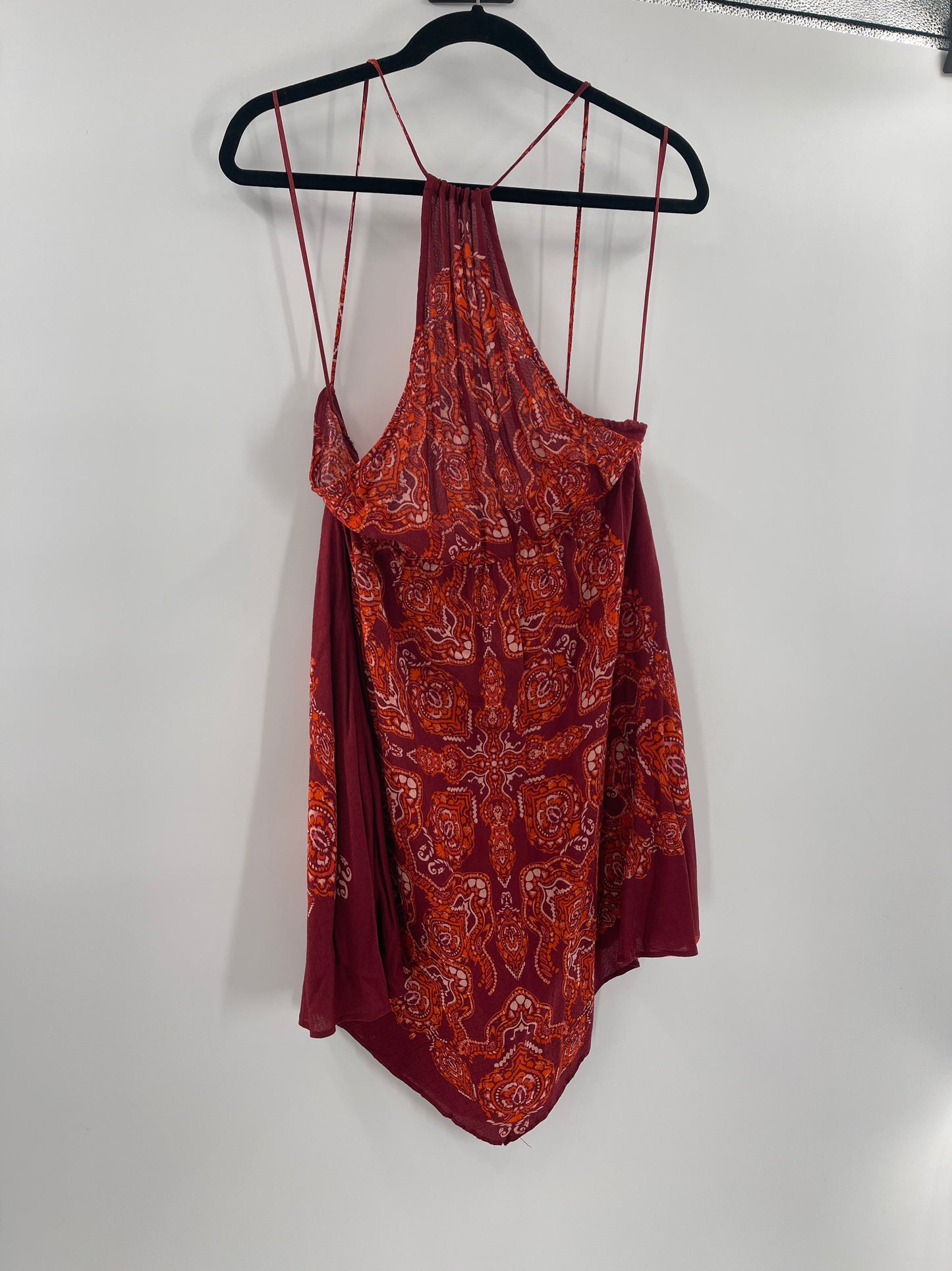 Free People Intimately Floral Red Sleeveless Spaghetti Straps Backless Mini Dress (Size L)