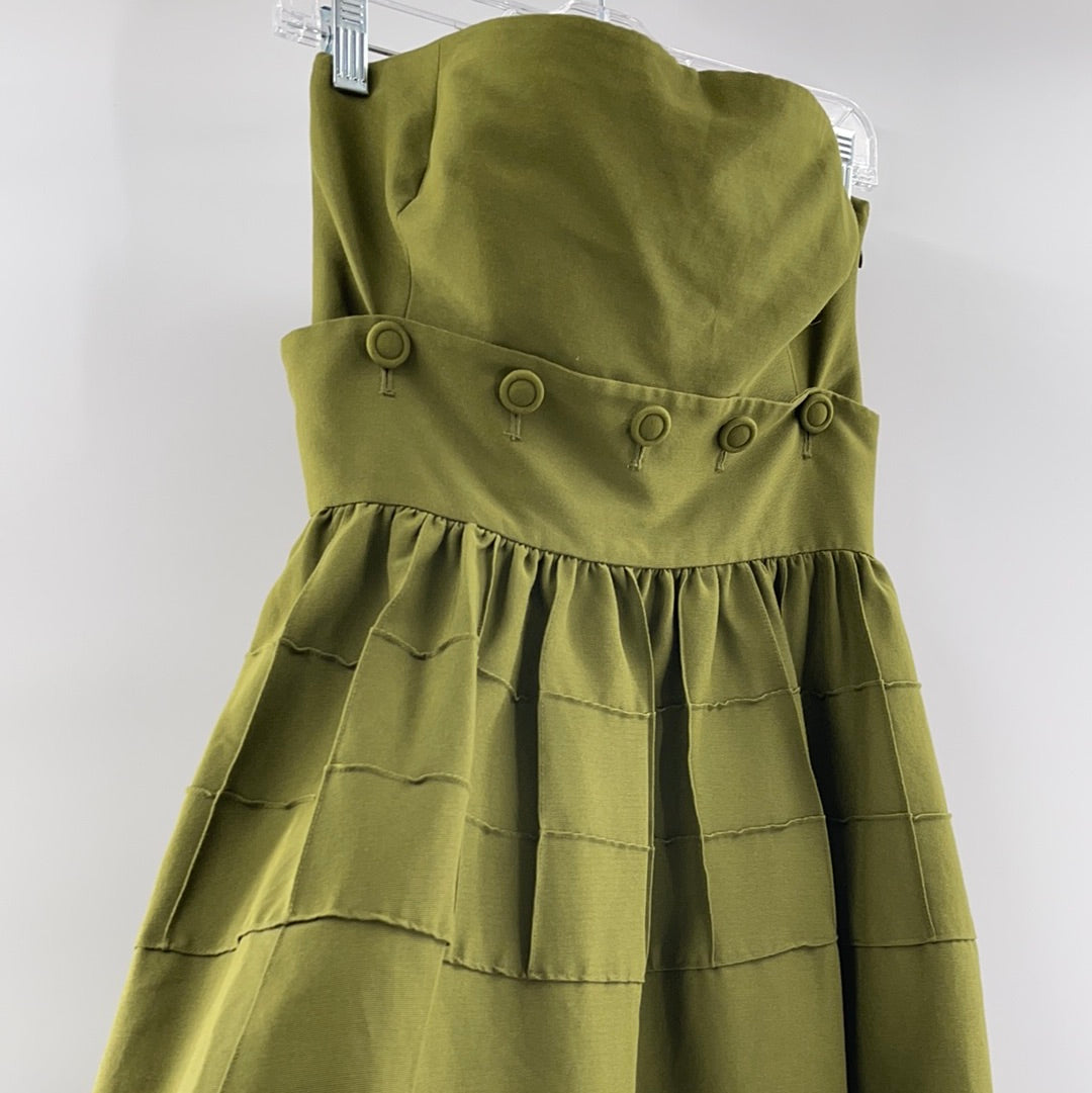 Maeve - Anthropologie Strapless Oliver Green Pleated MIDI Dress - Buttoned Under Breast- Could Separate and Make a 2 Piece Set - (Size 4)