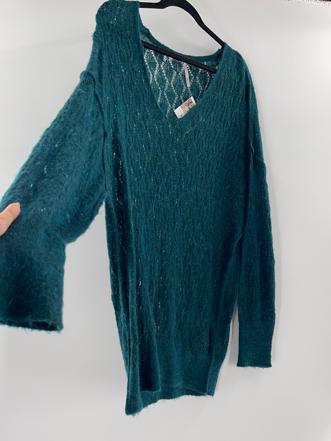 Free People Sheer Green Oversized Sweater (Size Medium)