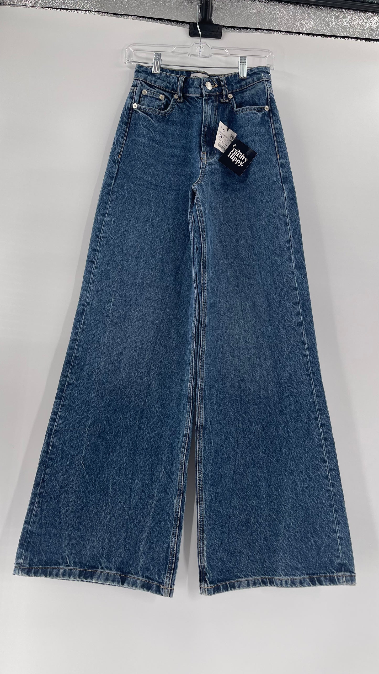 ZARA Medium Wash Denim High Waisted Wide Legs (4)