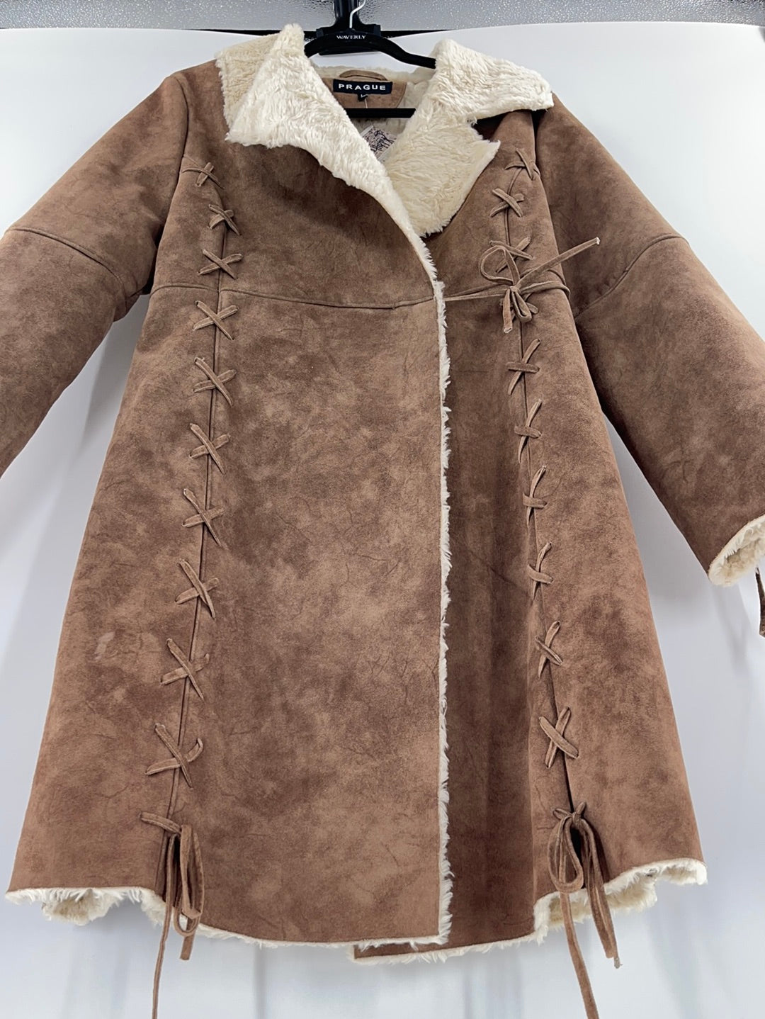 Prague Faux Brown Suede Shearling Lining Lace Up Detail on Sleeves and Front of Coat (Size Large)