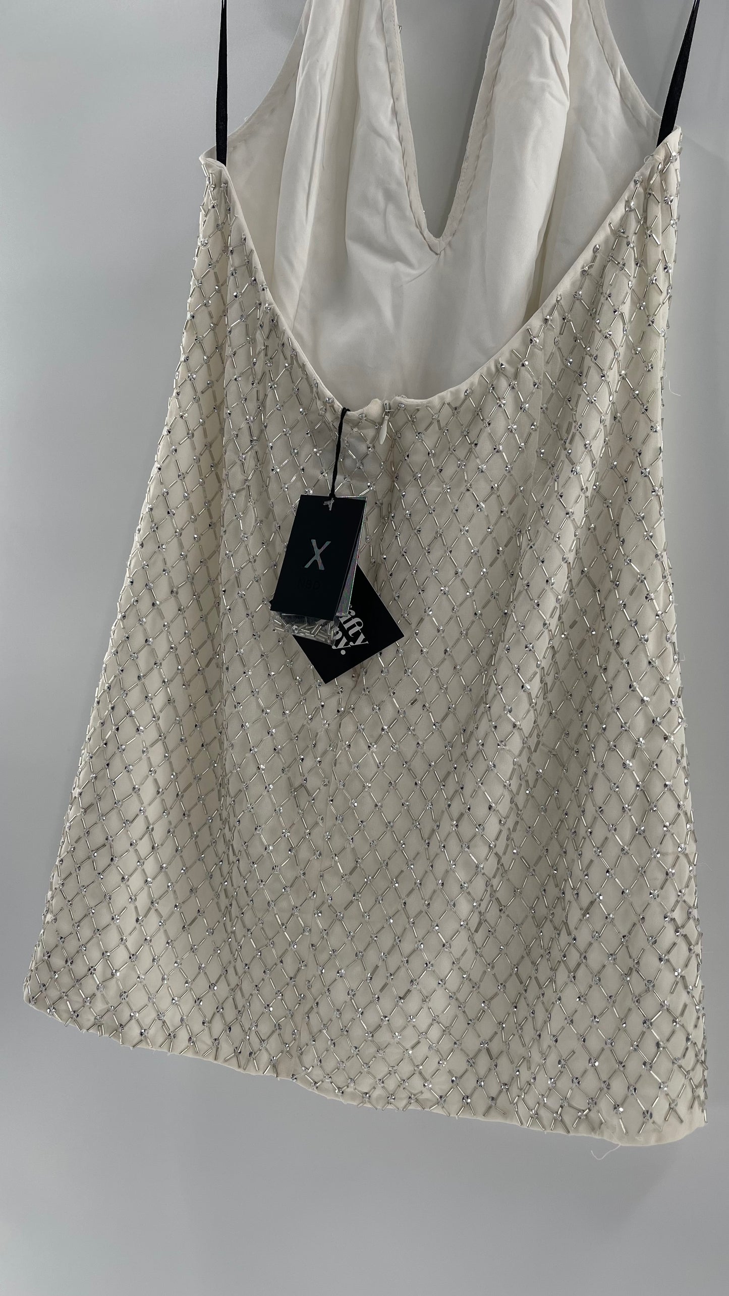 X by NBD White Jack Dress in Ivory Silver Beaded Halter Dress with Tags Attached (Large)