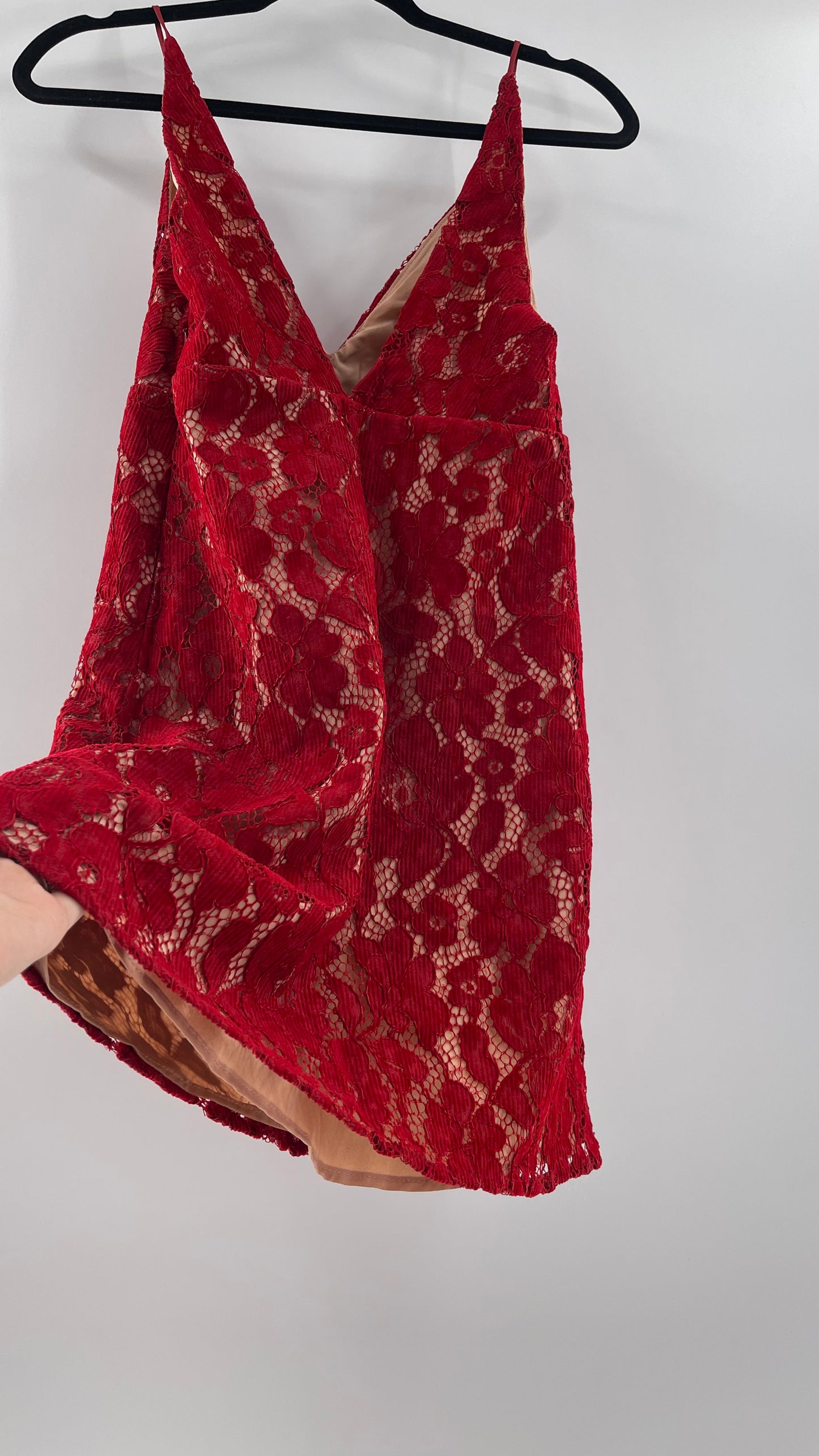 Free People Red Corduroy Lace Over Nude Underlay Sleeveless Mini Dress (Size 0)