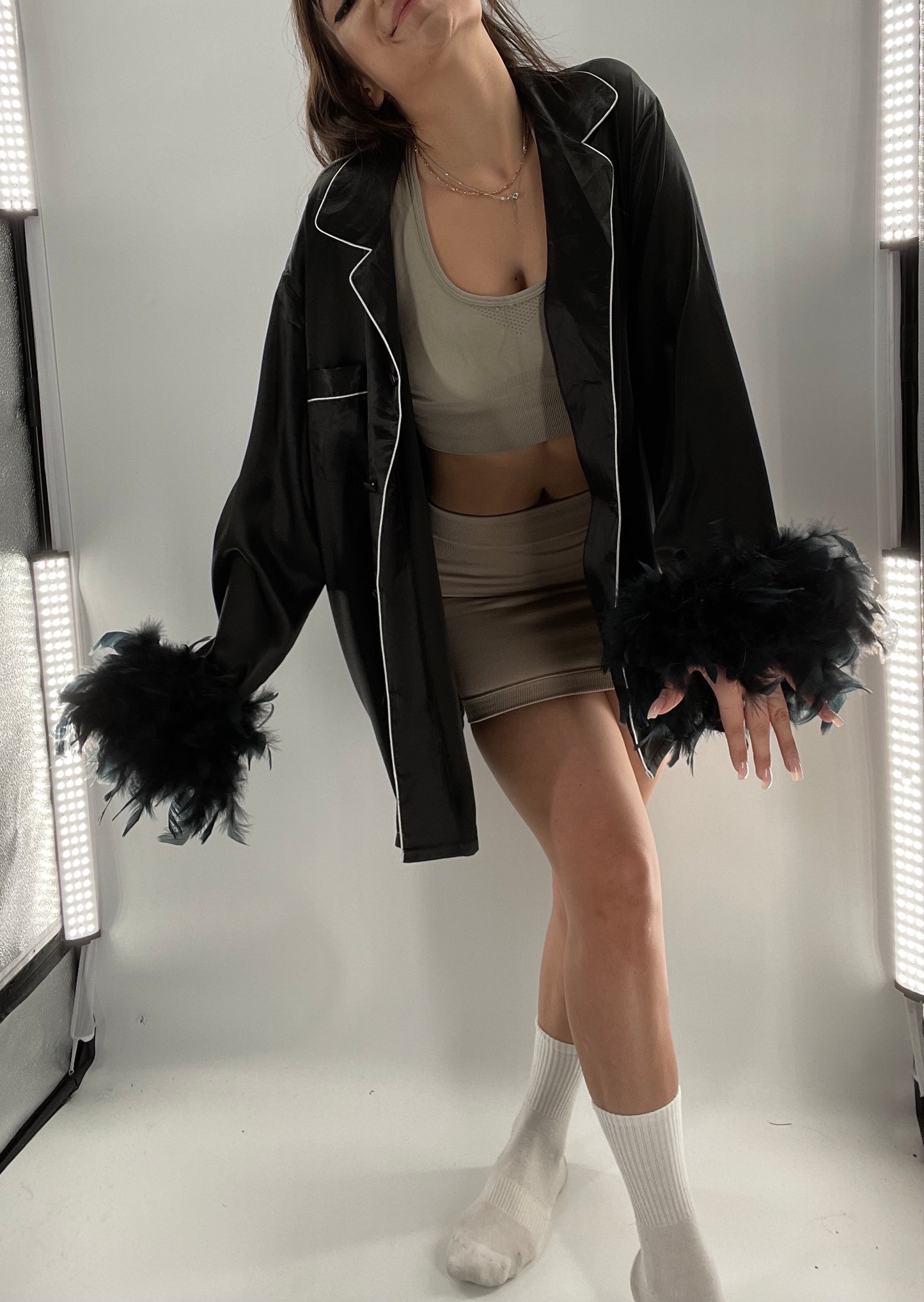 Lonxu Black Satin Pijama Top with Ostrich Feather Cuffs (XXL)
