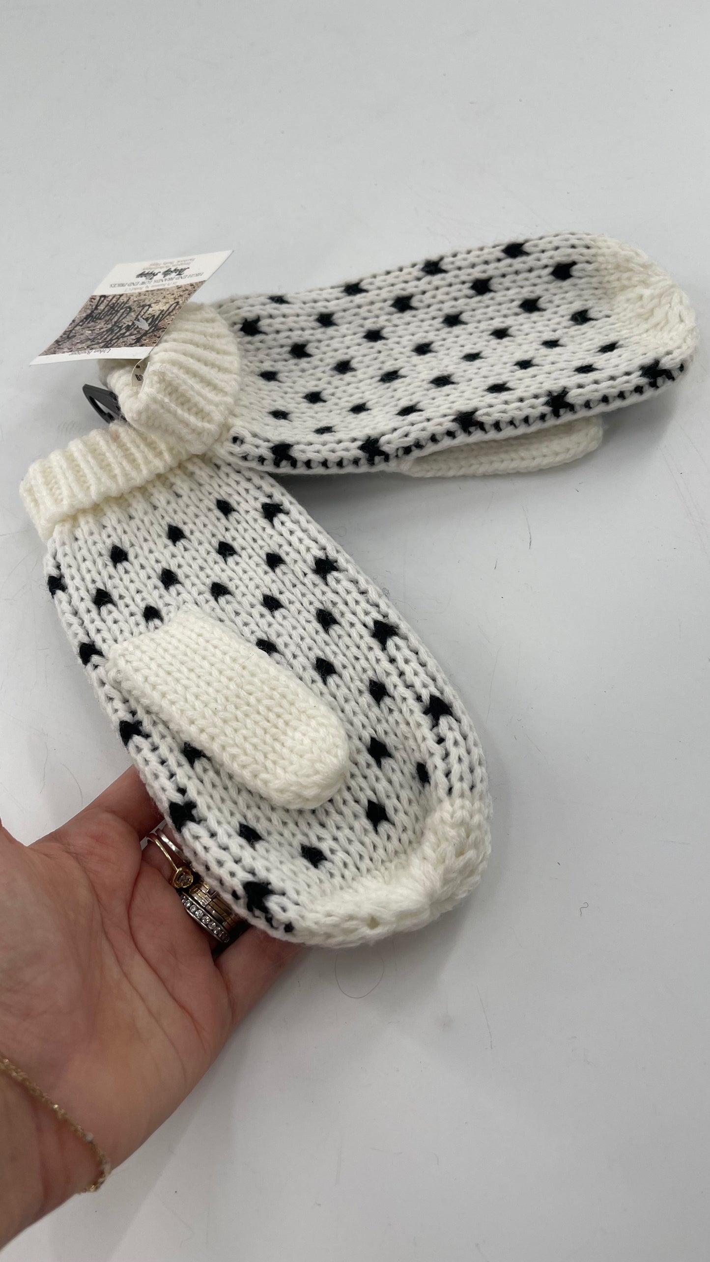 Free People White Knit Mittens with Black Pattern