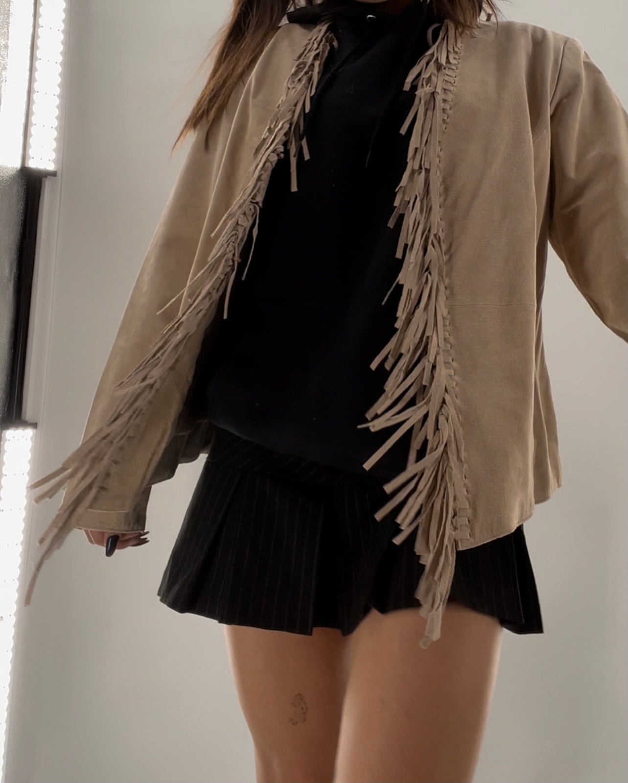 DIALOGUE Vintage Beige Suede Fringe Jacket (Large)