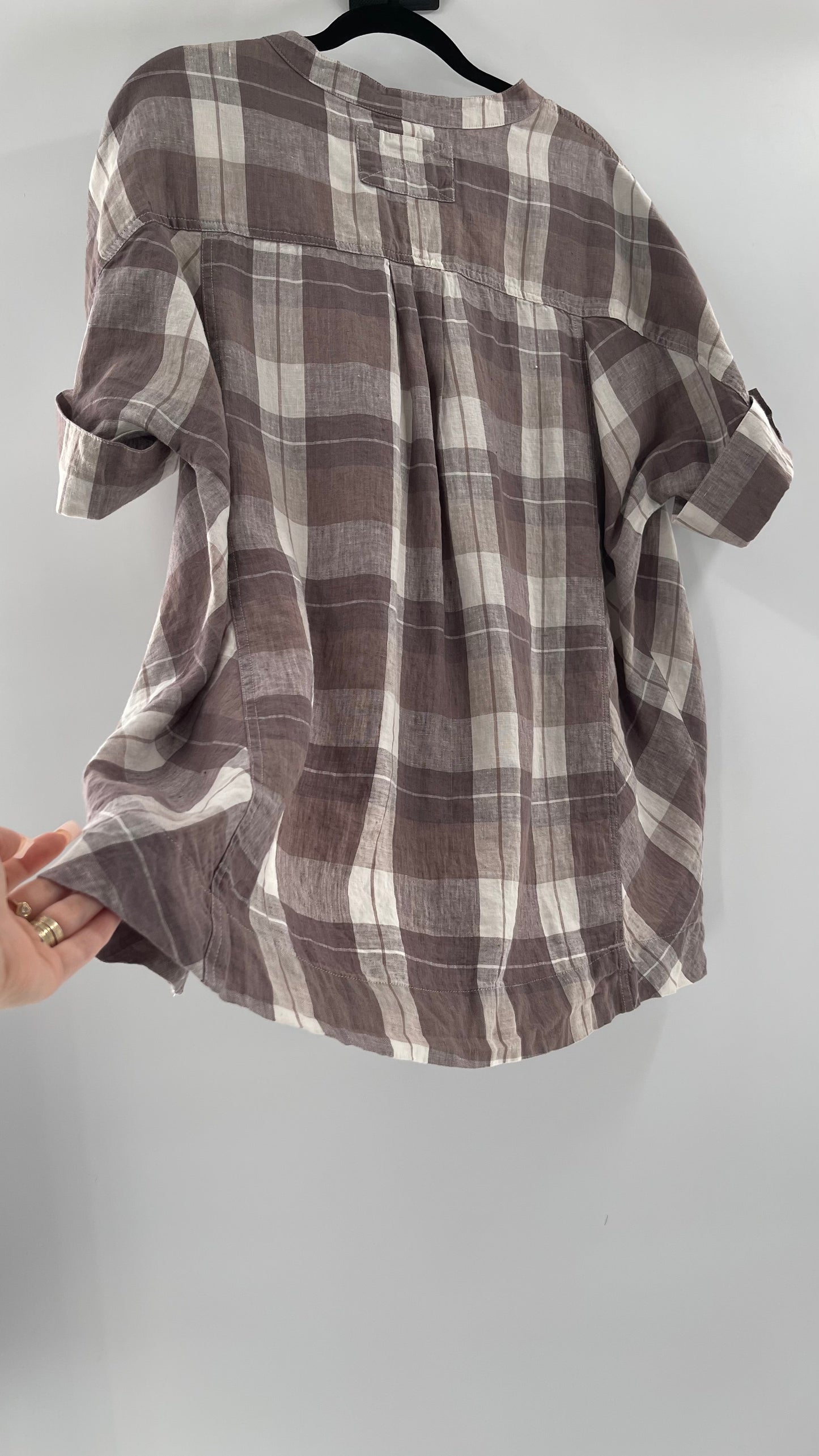 Free People 100% Linen Plaid Grey Short Sleeve (Small)