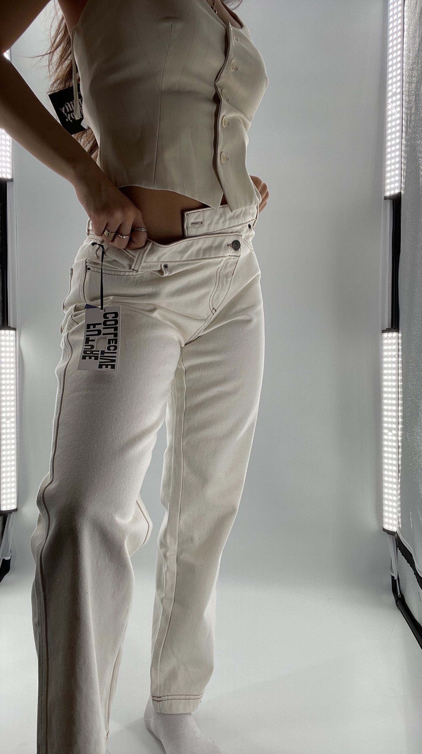 Future Collective Beige Mid Rise Tapered Leg Jeans Assymetric Waistline (4)