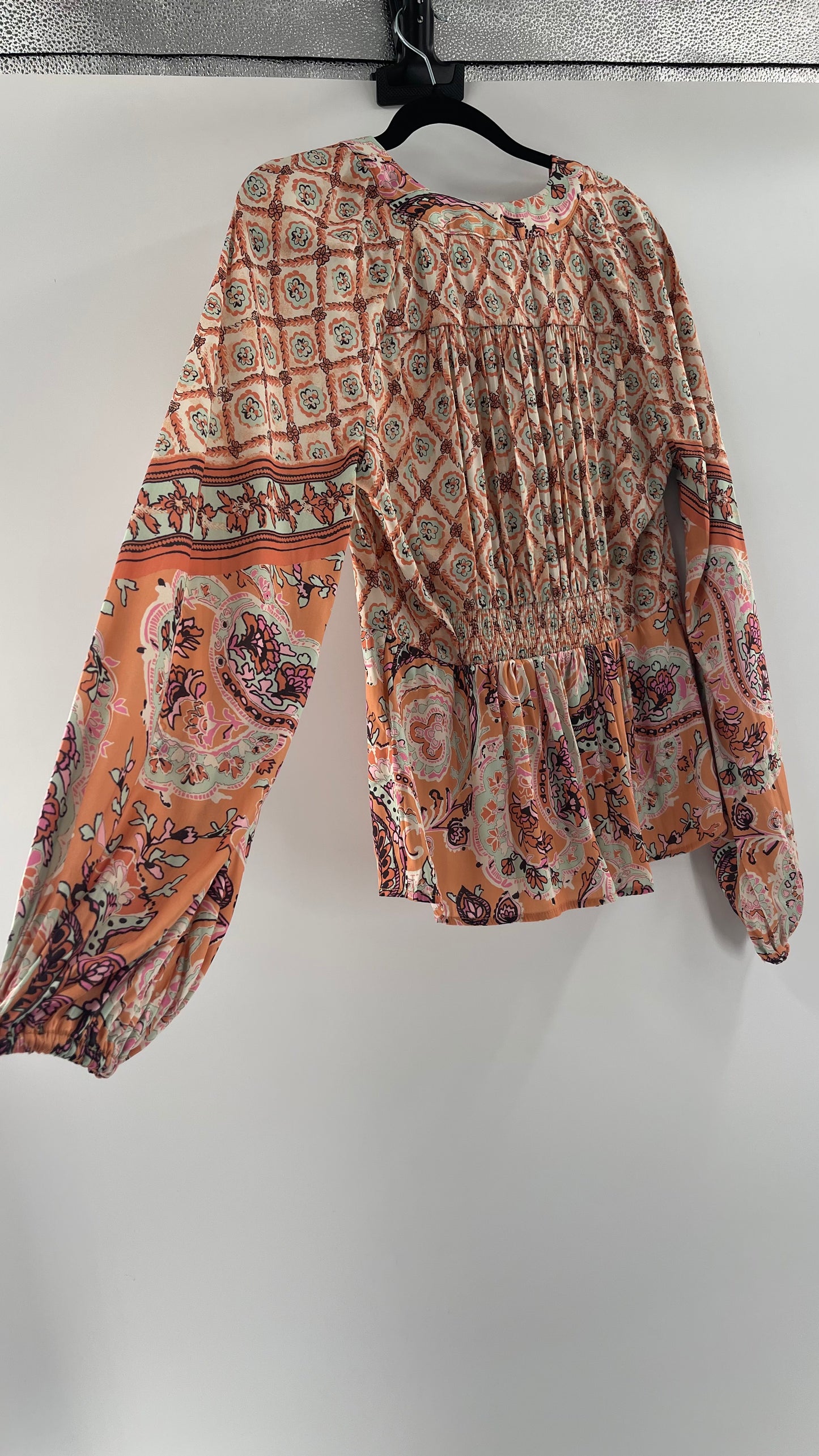 Free People Silky Orange Paisley Tie Front Blouse (M)