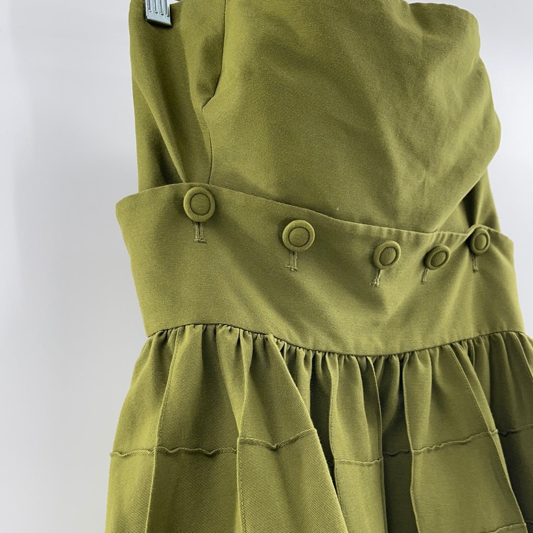 Maeve - Anthropologie Strapless Oliver Green Pleated MIDI Dress - Buttoned Under Breast- Could Separate and Make a 2 Piece Set - (Size 4)