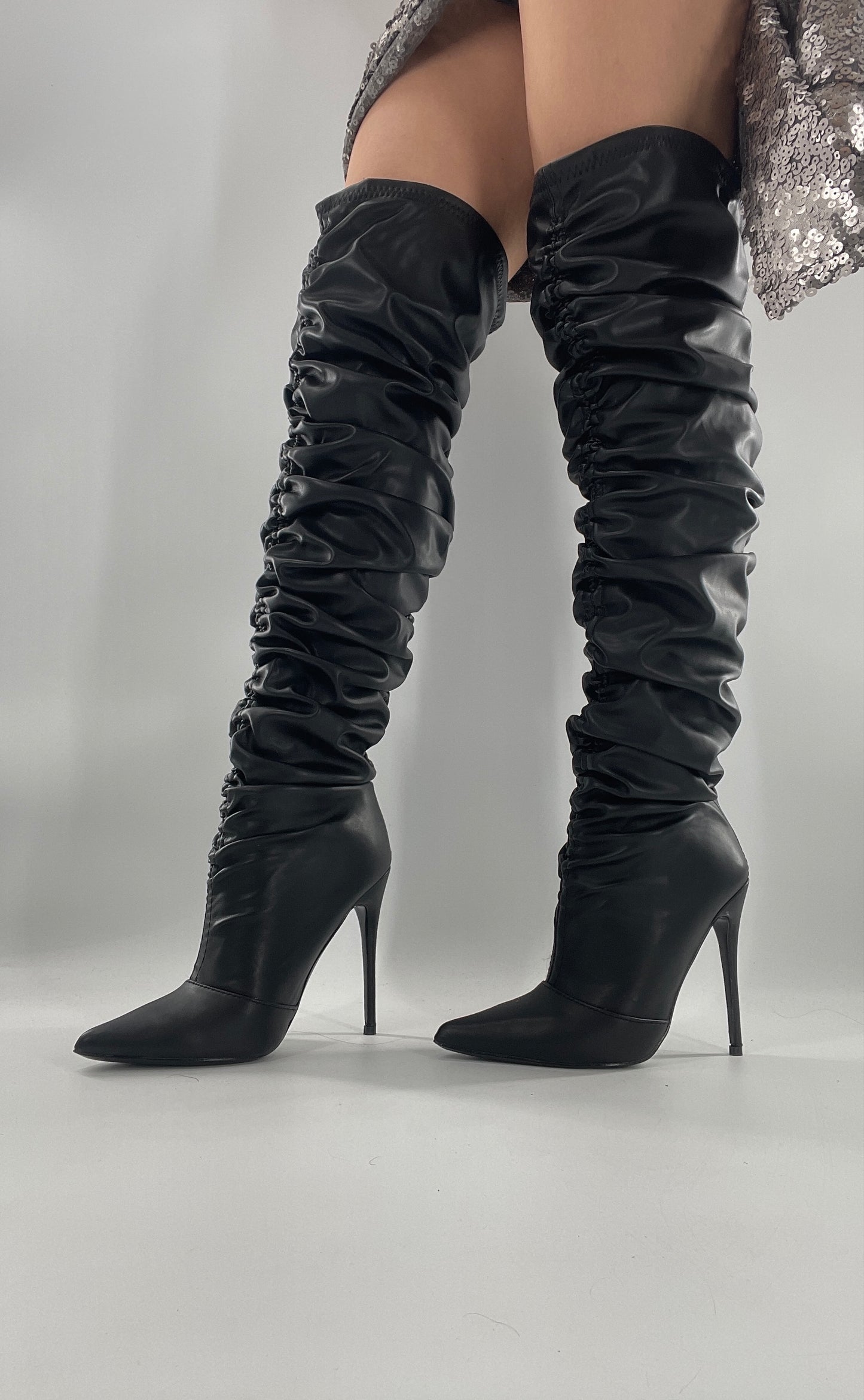 Unlabeled Black Vegan Leather Thigh High Scrunch Boots (8)