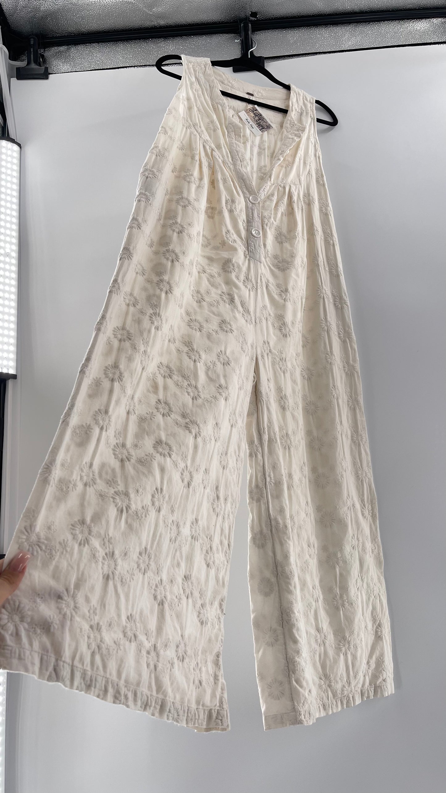 Free People White Sleeveless Embroidered Flower Jumpsuit