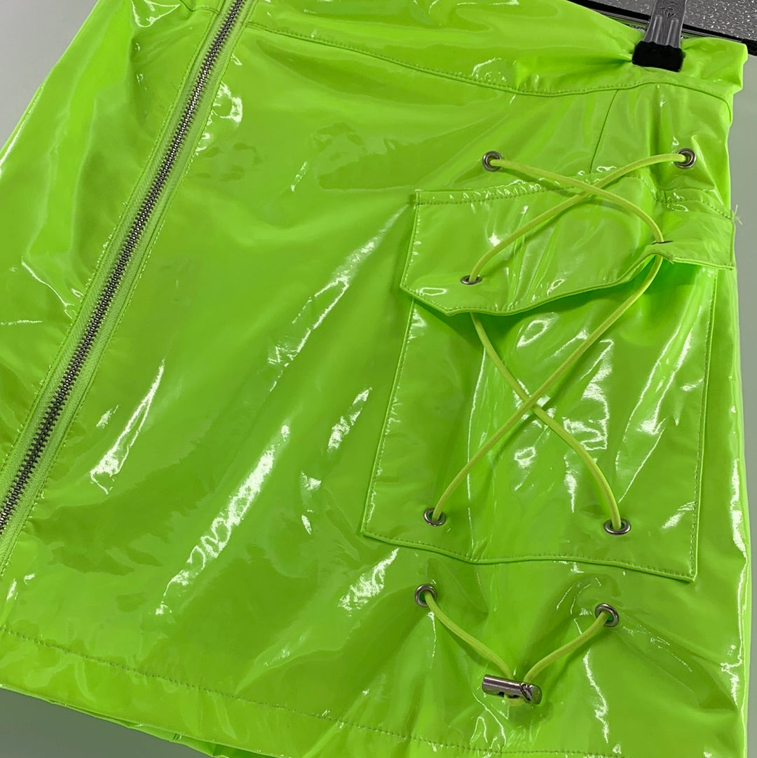Mags + Pye Glossy Lime Green Zip Up Mini Skirt (Size Small)