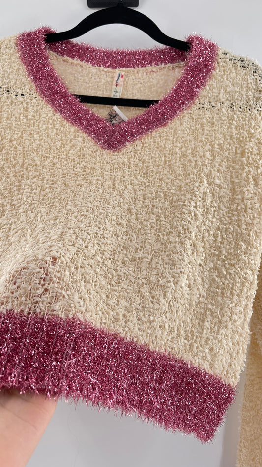 Anthropologie RAGA Cream and Fuchsia Tinsel Varsity Sweater (Large)