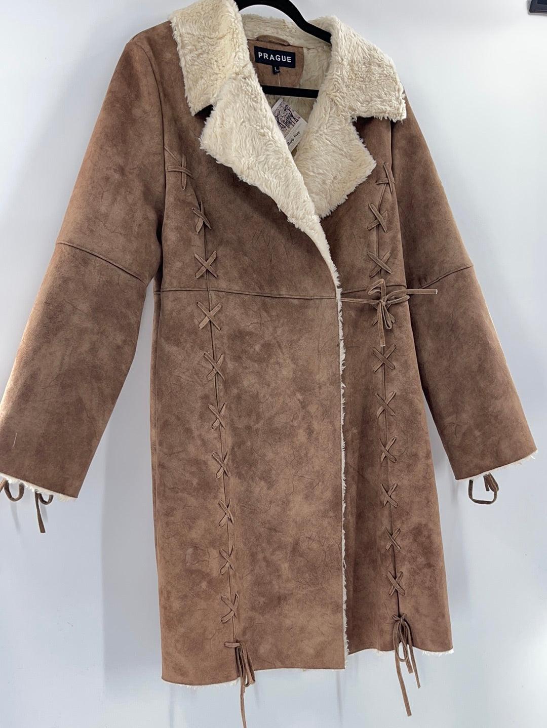 Prague Faux Brown Suede Shearling Lining Lace Up Detail on Sleeves and Front of Coat (Size Large)