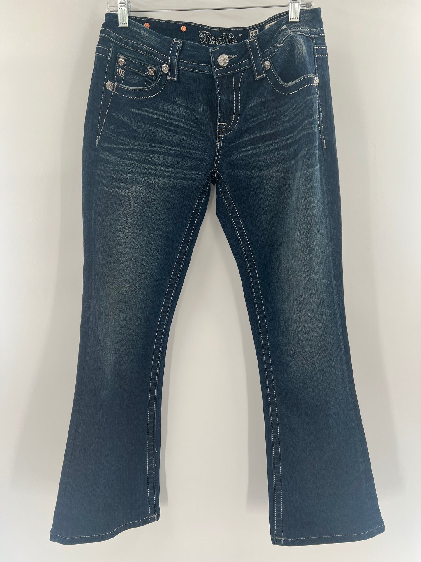 Miss Me Embroidered Rhinestone Gem Jeans With Unique Buttons and Stitching (Size 28)