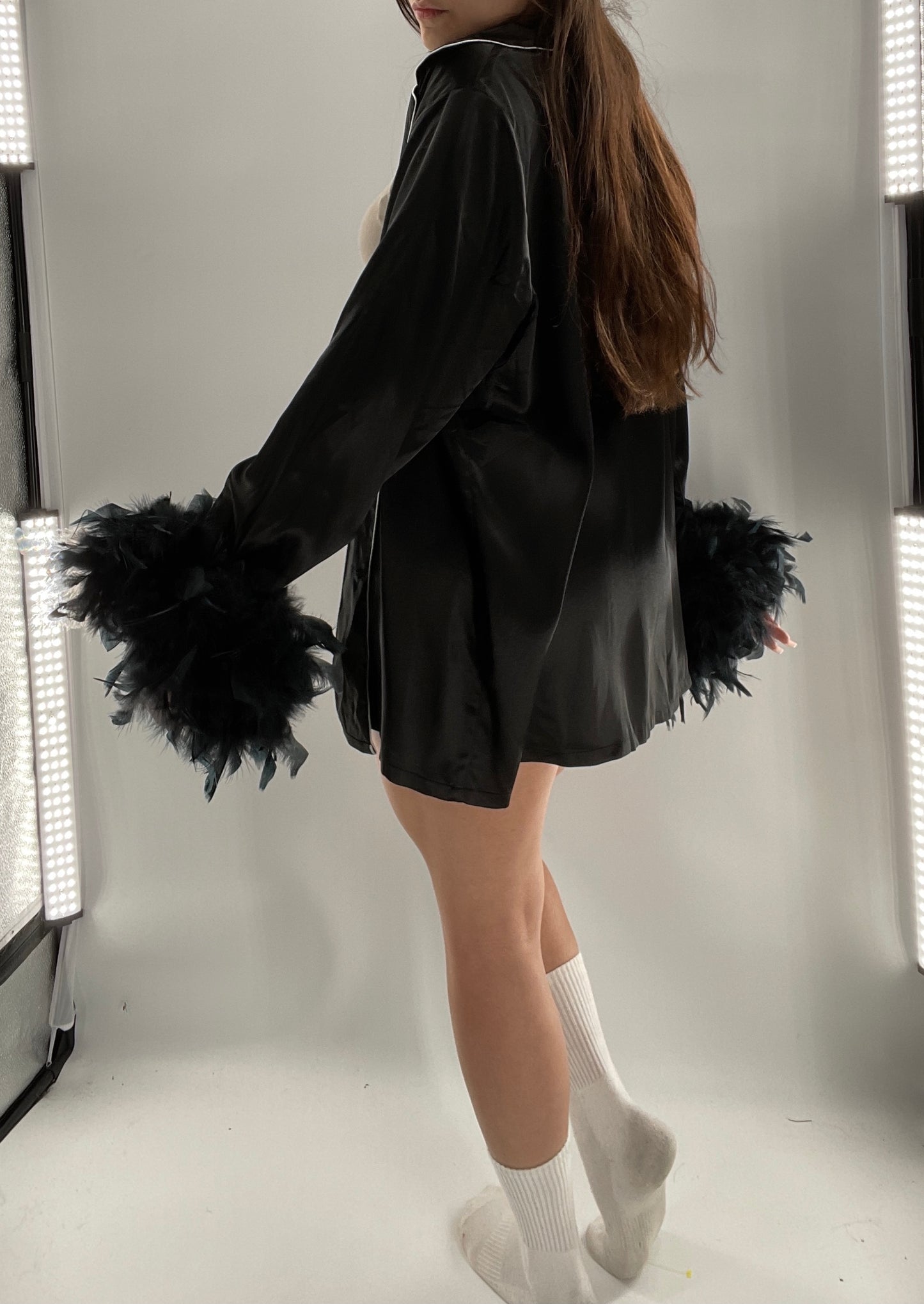 Lonxu Black Satin Pijama Top with Ostrich Feather Cuffs (XXL)