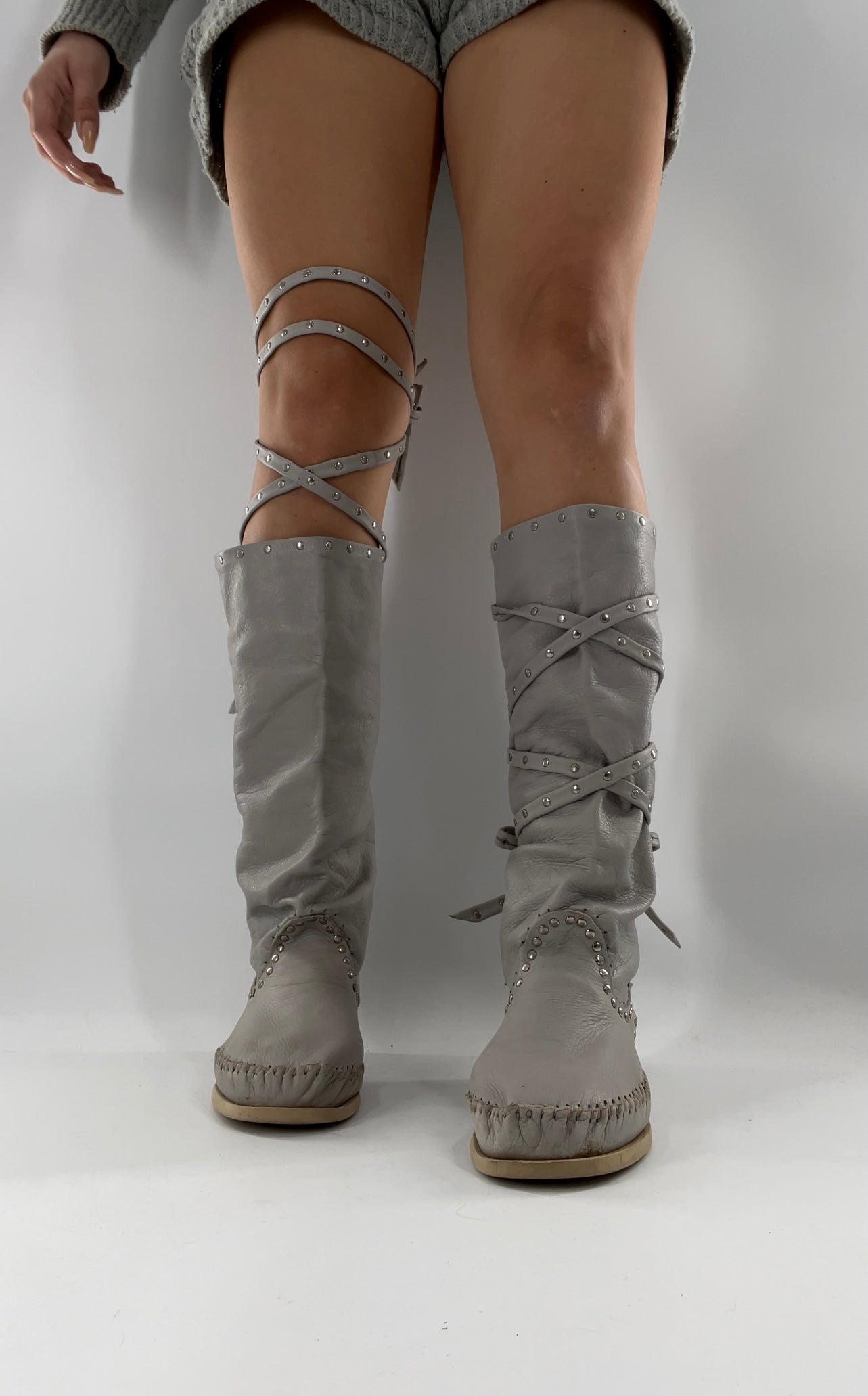 Hector Riccione Off White Leather Boots With Silver Studs Embellishments and Tied Up  -  Size 8 Apparently- Gently Used -